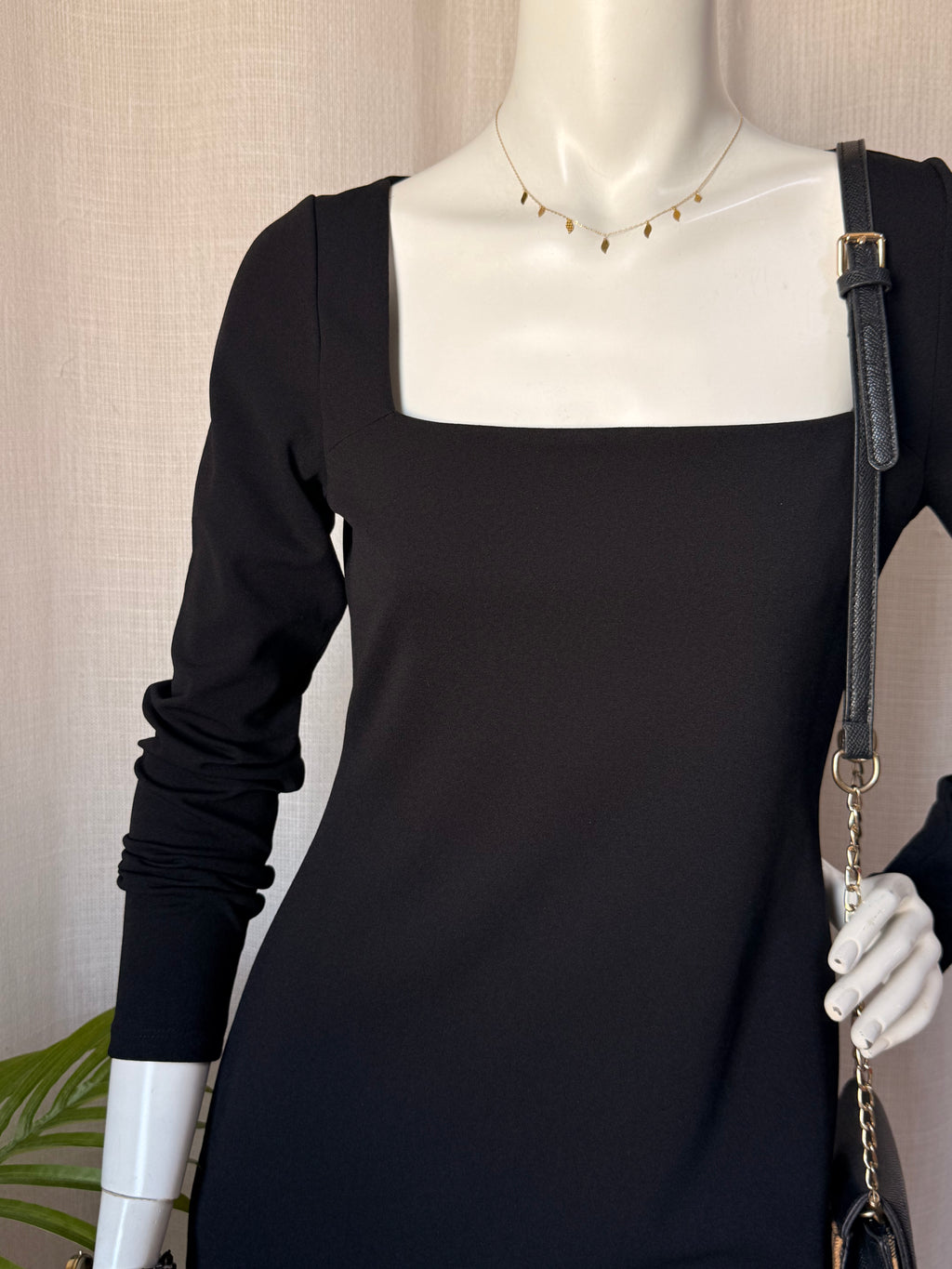 Elegant Square Neck Black Midi Dress with Side Slit