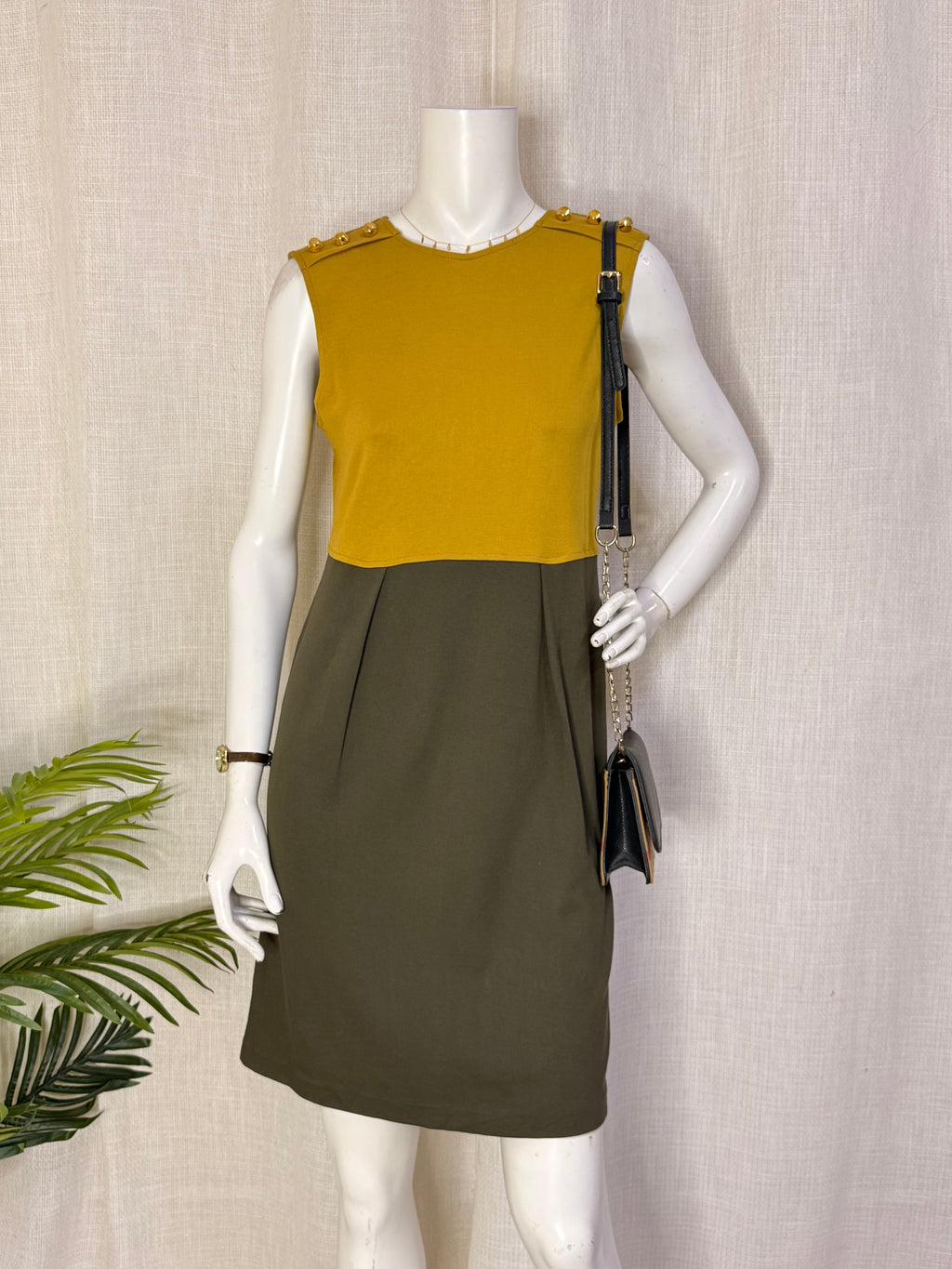 Di-Bye Mustard & Khaki Colorblock Button-Accented Shift Dress – Size M / UK 12 | NWT