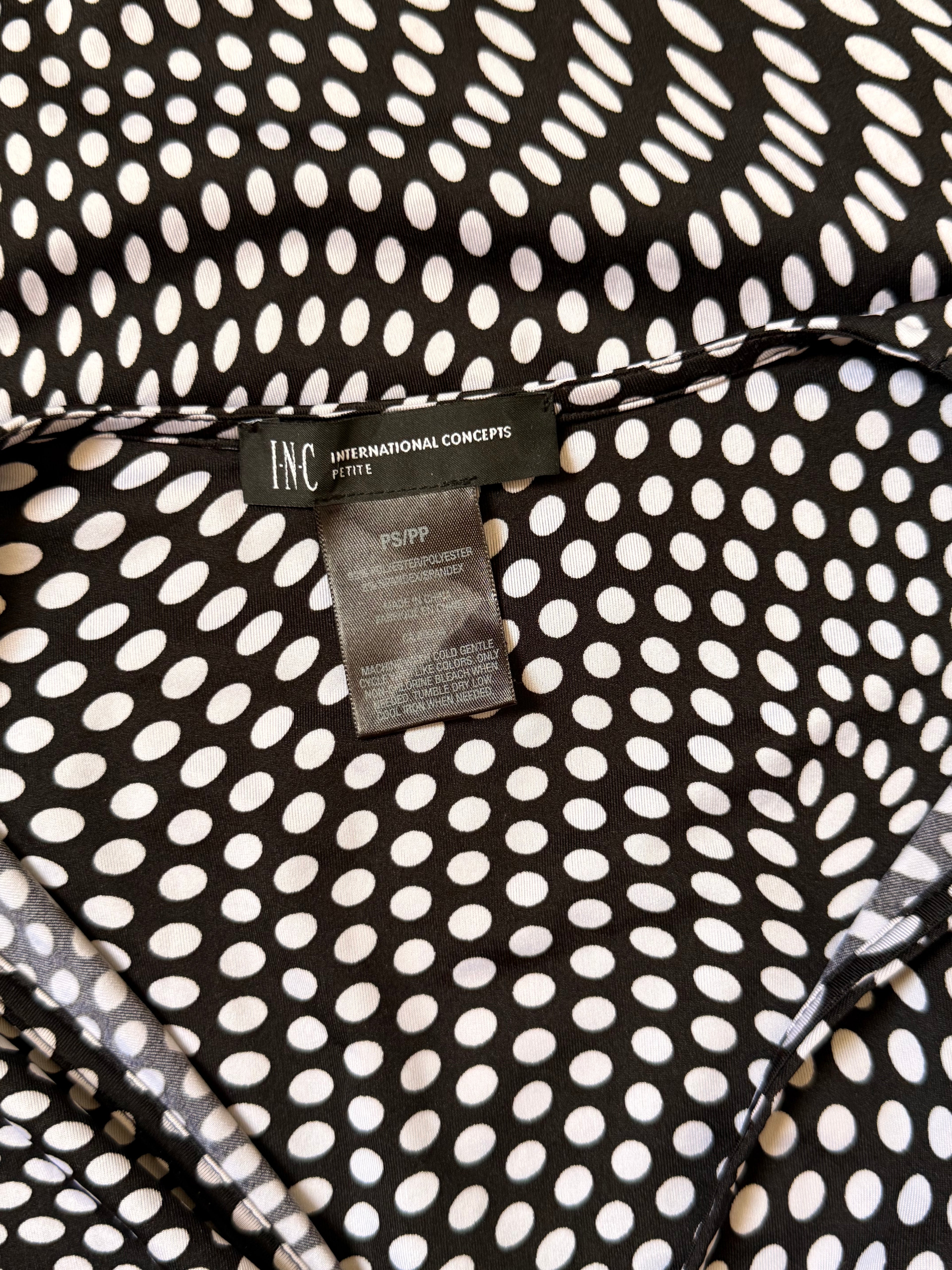 INC International Concepts Petite Black & White Dot Wrap Dress - Ruched - Size PS