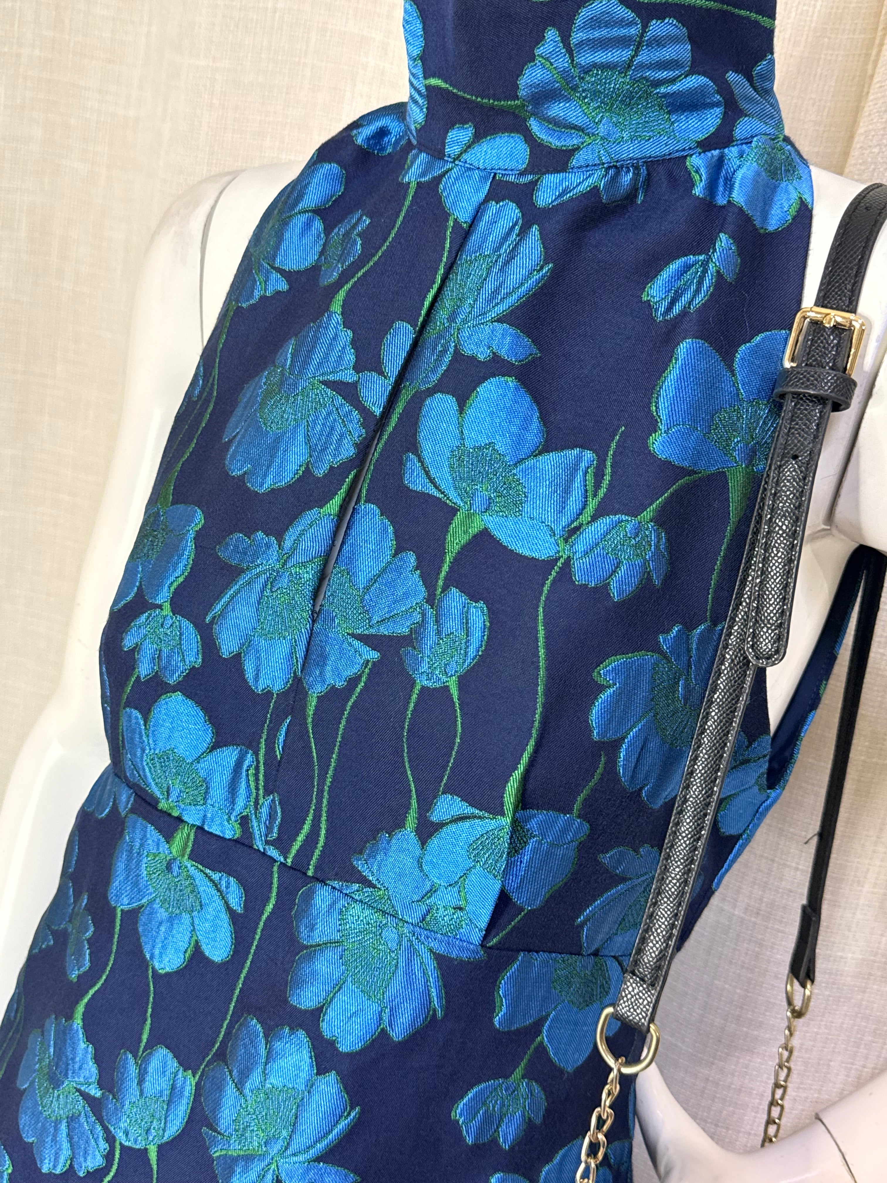 Luxury Navy & Teal Floral Brocade Halter Mock Neck Midi Dress – UK 10 / Medium