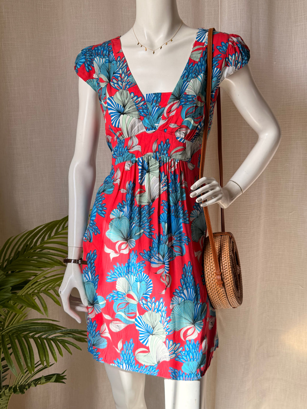 Sunny Girl Australian Boutique Floral Mini Dress - Red & Blue - Size 12 - Empire Waist