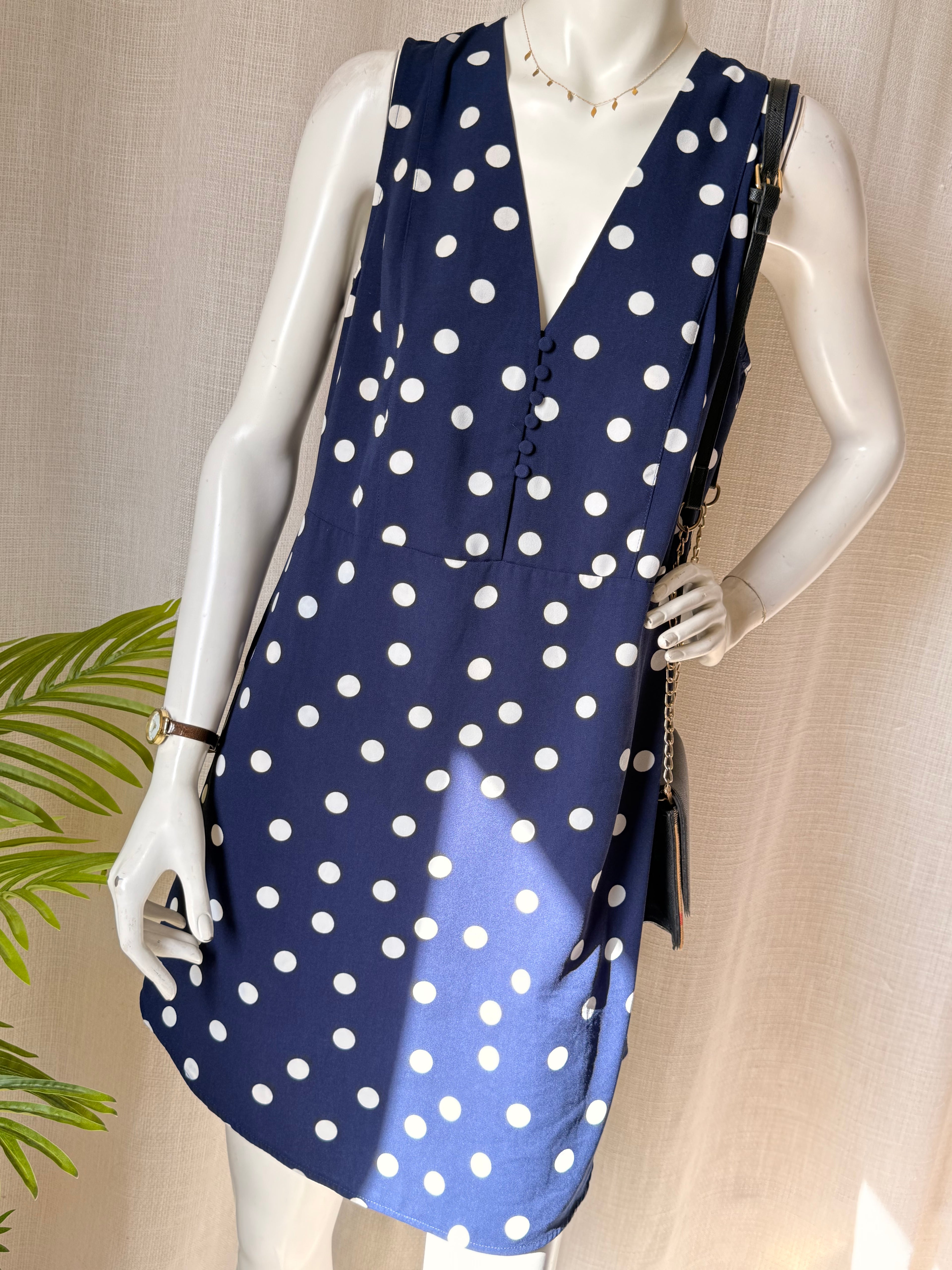 A New Day Navy Polka Dot Dress - V-Neck with Button Detail - Size Medium