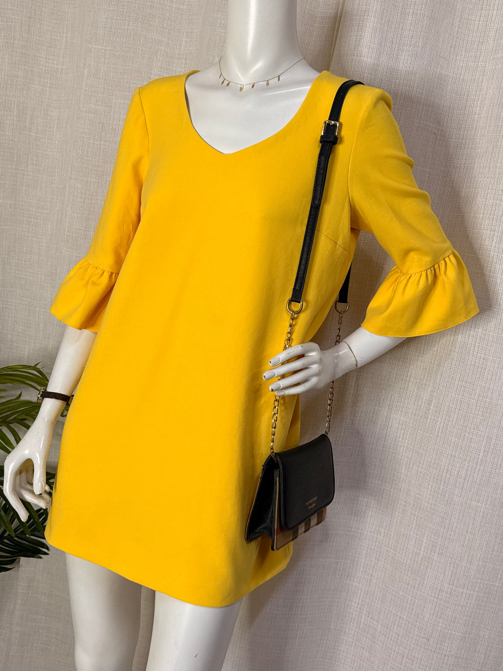 Zara Woman Yellow V-Neck Ruffle Sleeve Shift Mini Dress – Size M / UK 10