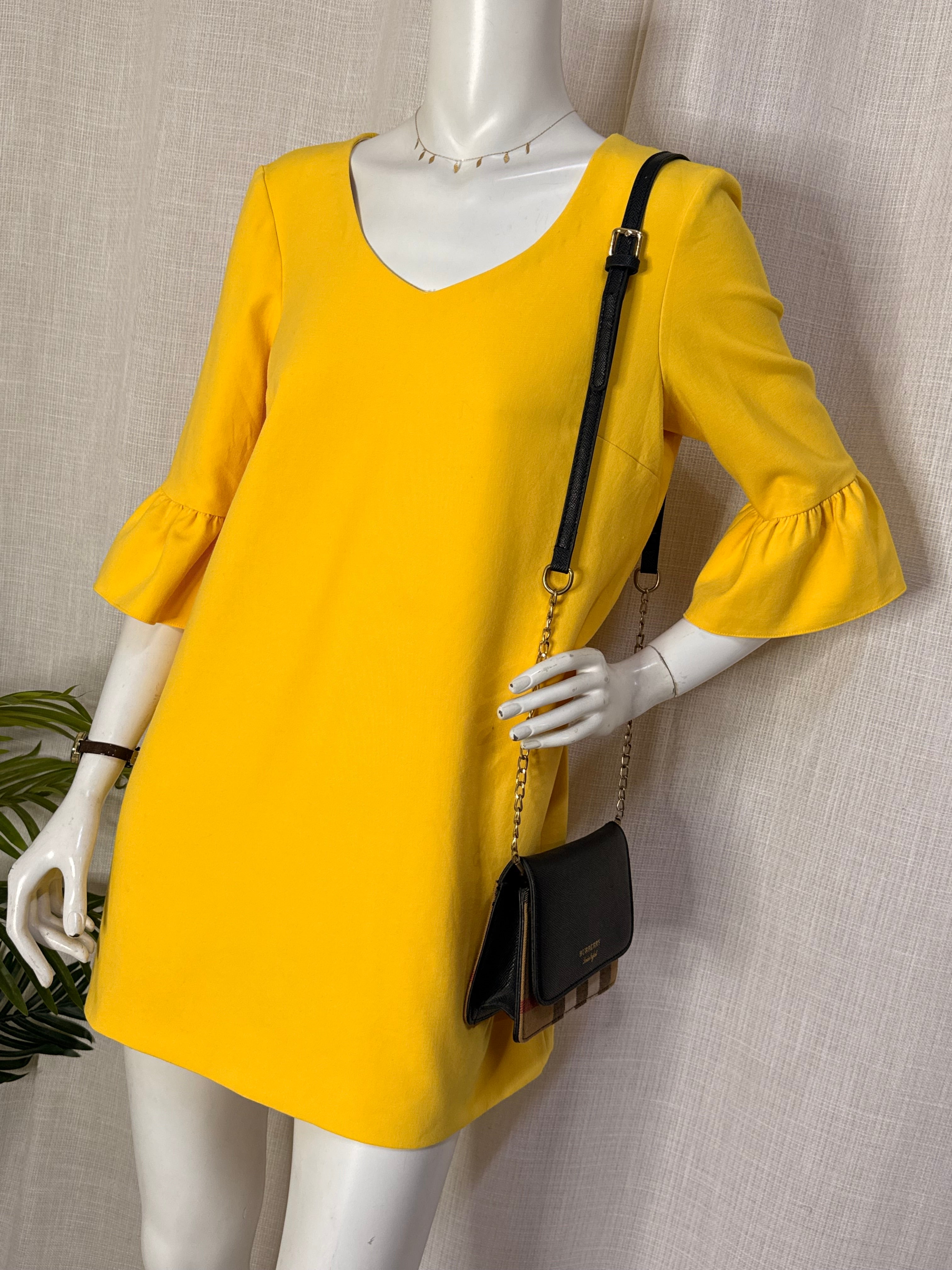 Zara Woman Yellow V-Neck Ruffle Sleeve Shift Mini Dress – Size M / UK 10
