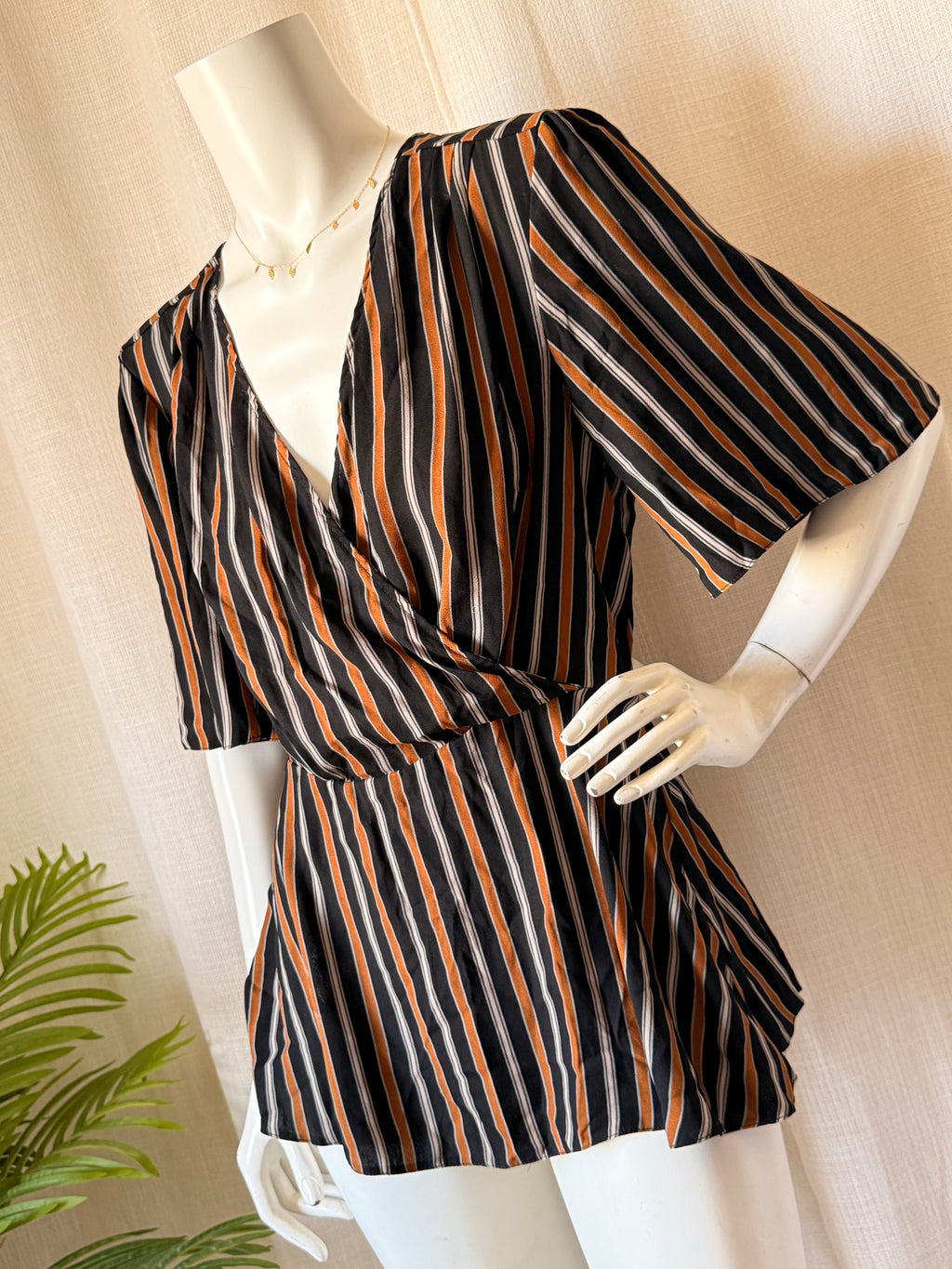 River Island Vertical Stripe Wrap Blouse - Burnt Orange & Black - Size UK 16