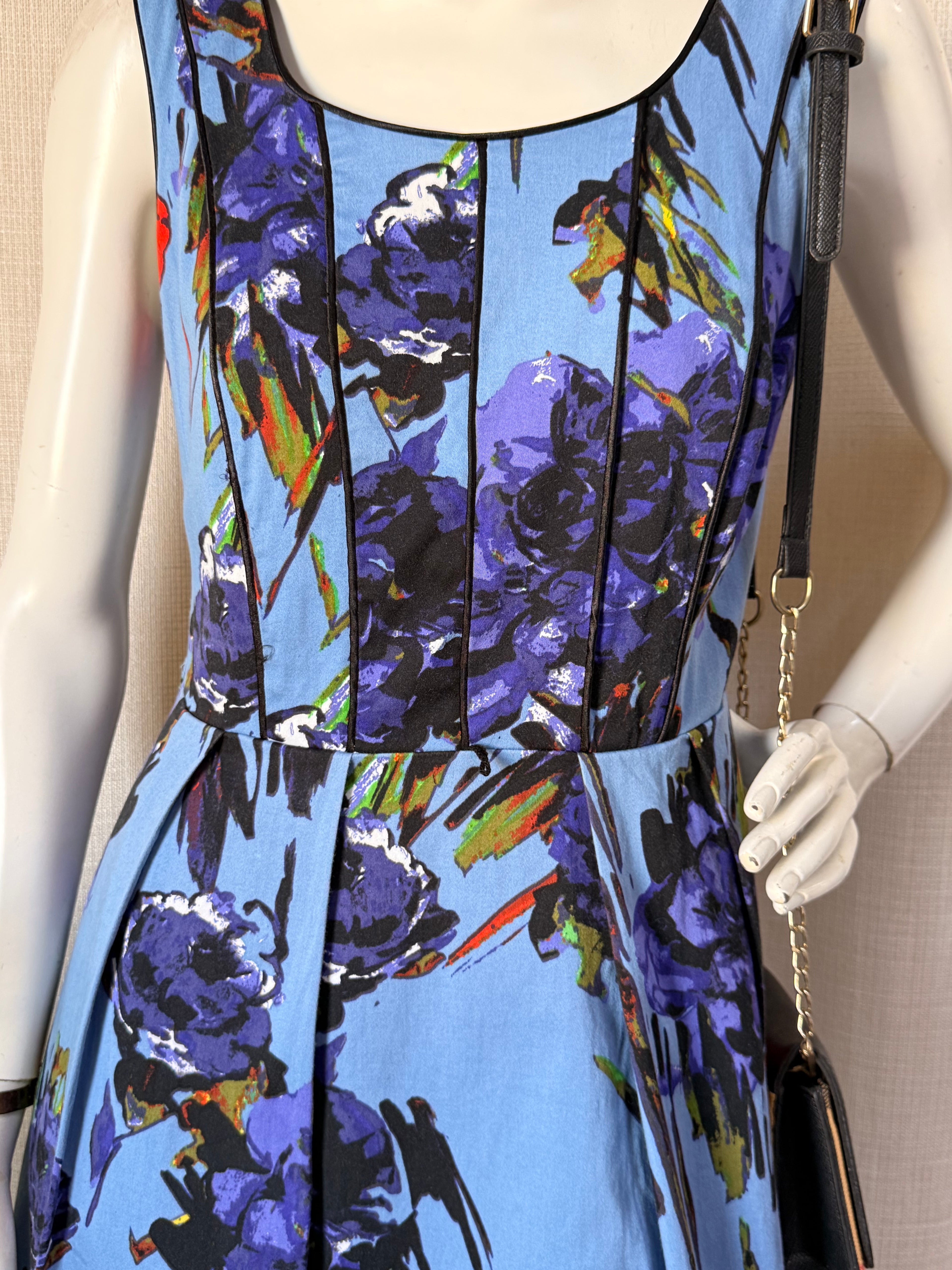 M&Co. Blue Floral Fit & Flare Dress - Size UK 10 - Artistic Print Midi with Tulle Underlay