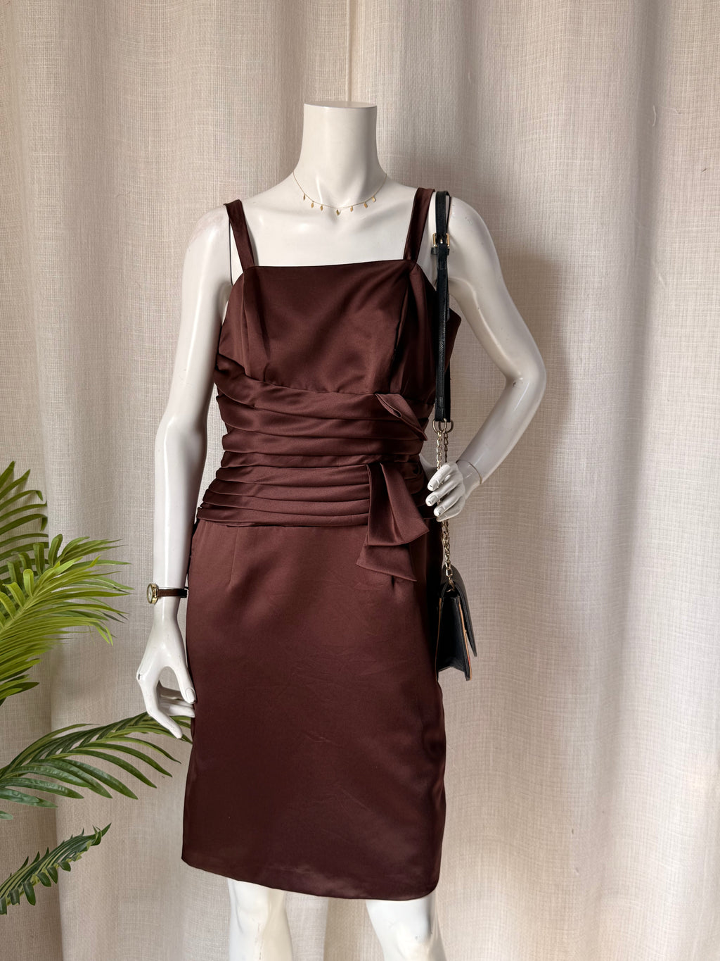 BARI JAY Chocolate Brown Satin Ruched Bow Cocktail Dress – Size US 14 | Elegant Evening & Formal Dress