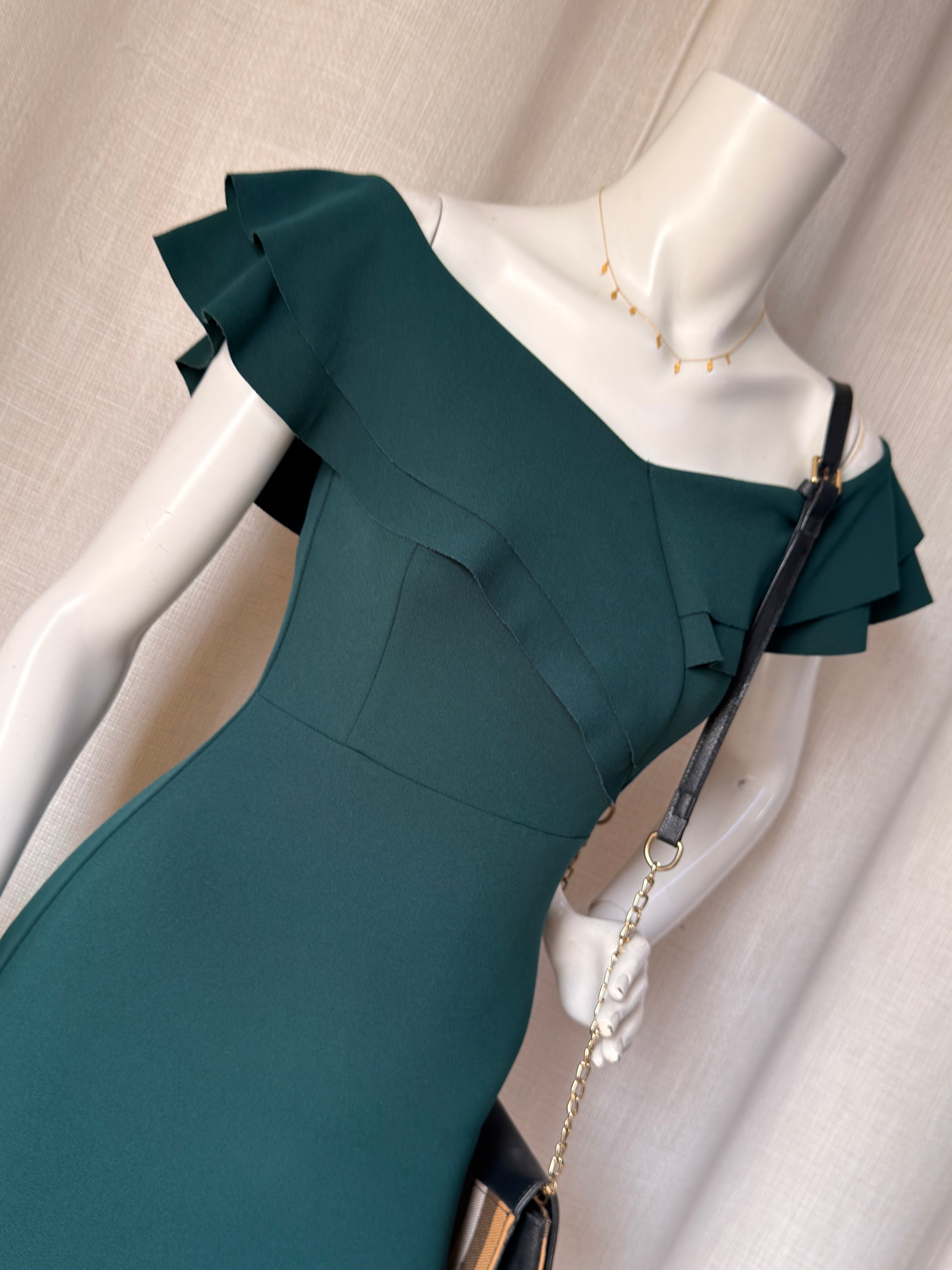 QUIZ Forest Green Off-Shoulder Frill Flute Hem Midi Dress – Size UK 6 / EU 34 | Elegant Cocktail & Party Dress