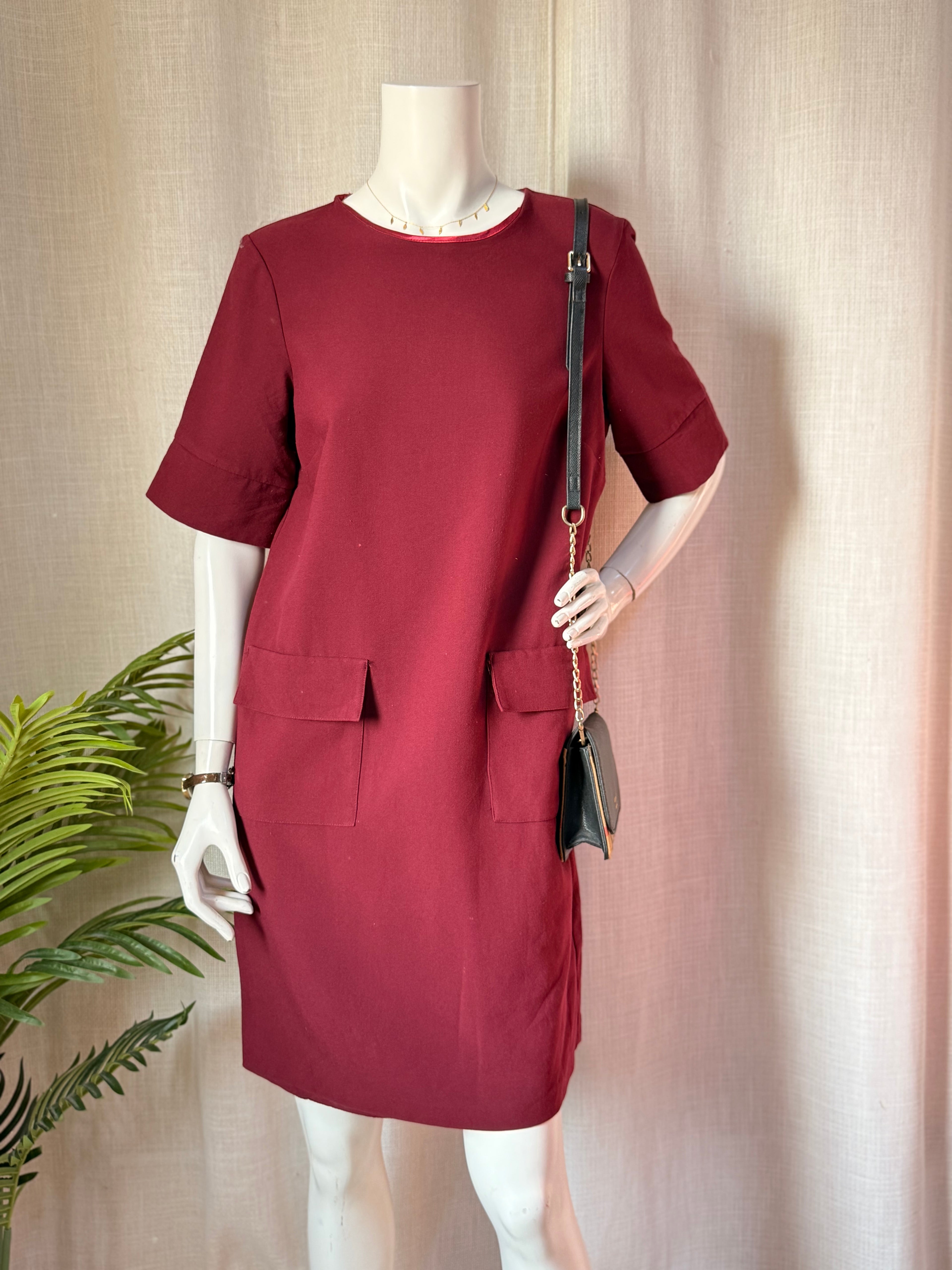 Monsoon Burgundy Pocket Shift Dress – UK 12 | Elegant Work & Smart Casual Dress
