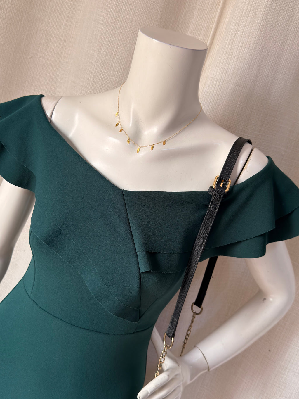 QUIZ Forest Green Off-Shoulder Frill Flute Hem Midi Dress – Size UK 6 / EU 34 | Elegant Cocktail & Party Dress