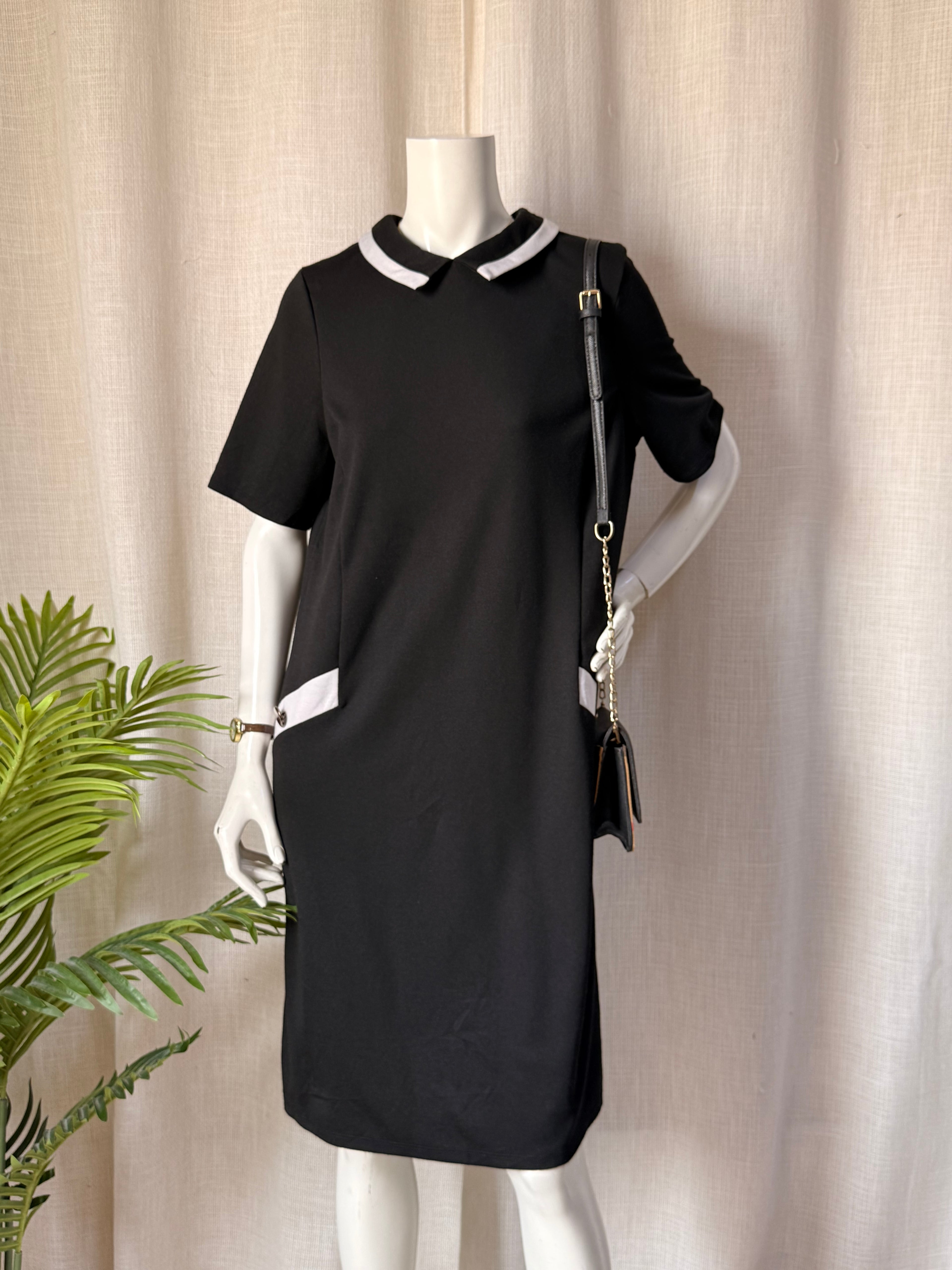 Wallis Black Contrast Collar Shift Dress – UK 16 | Elegant Workwear Midi Dress | Plus Size
