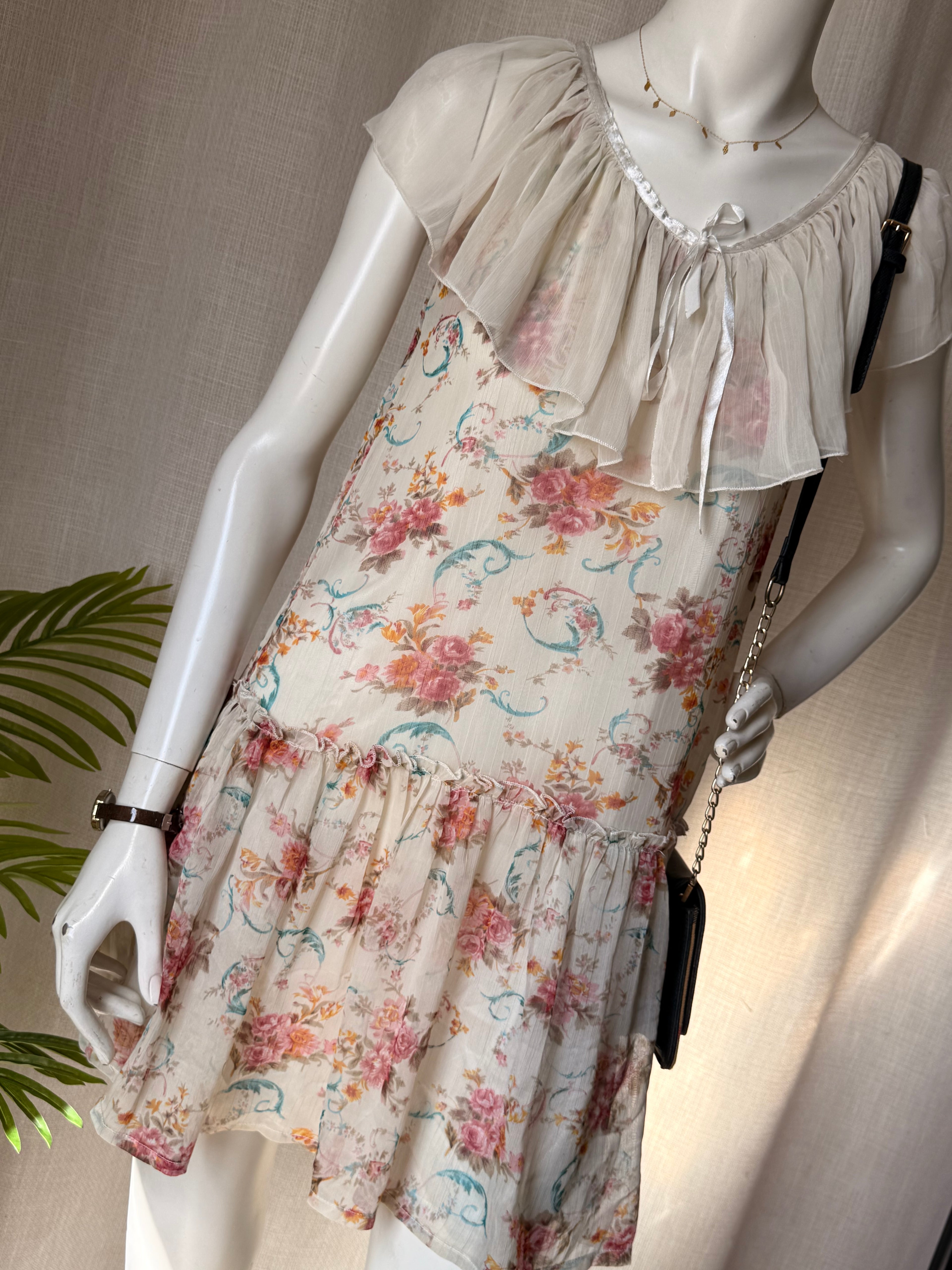 Vintage Floral Coquette Mini Dress - Sheer Ruffle Neckline & Drop Waist - Size Small