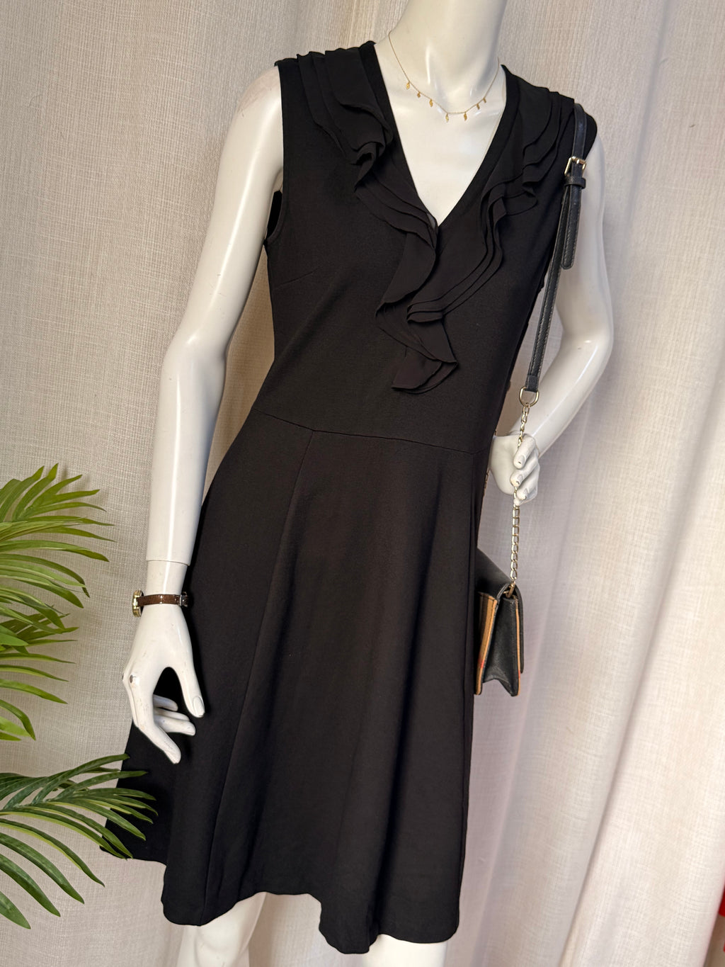 H&M Black Ruffle V-Neck Skater Dress | Size M