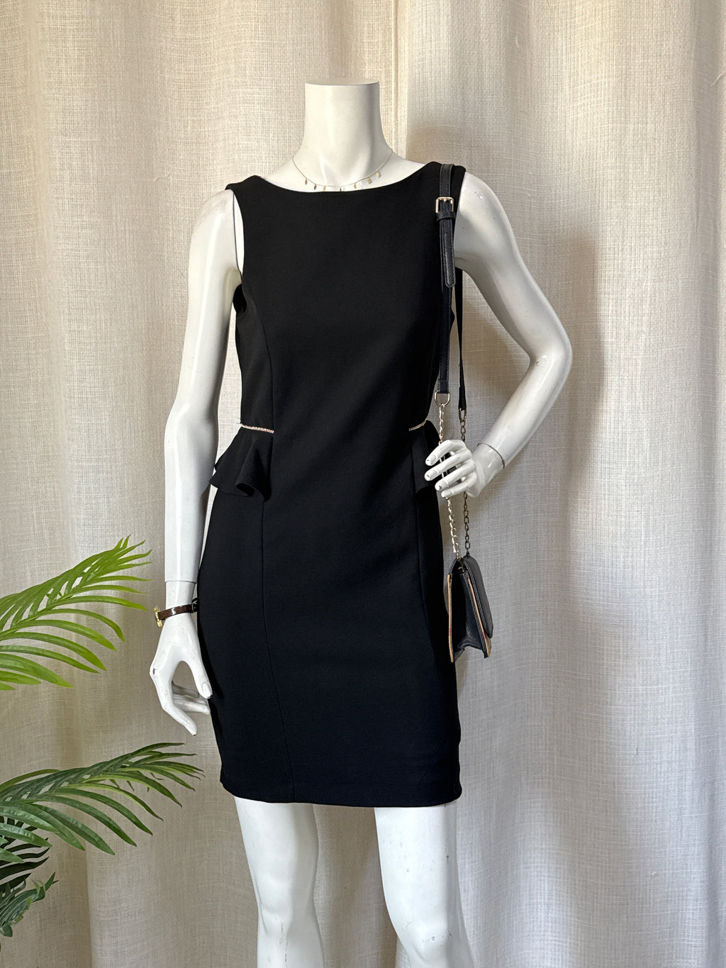 ZARA Trafaluc Peplum Accent Black Bodycon Dress - Gold Chain Detail (Size L / Fits Medium)