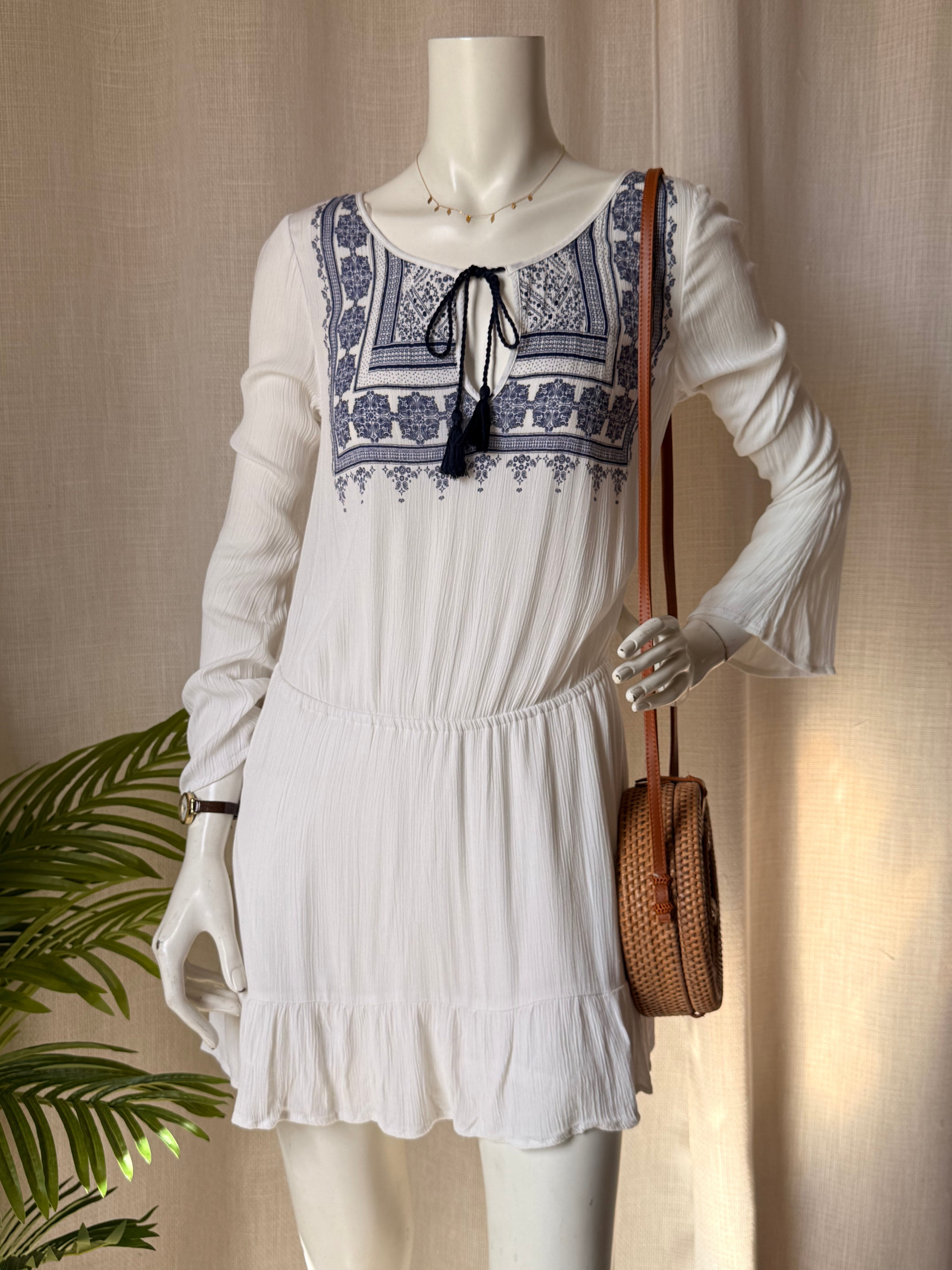 H&M Divided White Boho Embroidered Mini Dress - Blue Tassel Tie - Size 6 - Festival