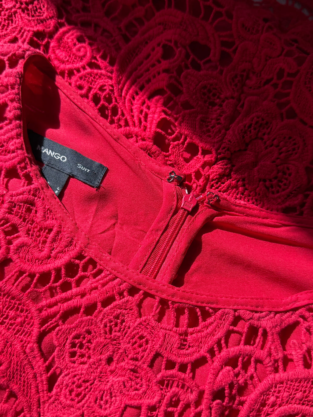 Striking Red Elegance: Pre-loved MANGO Lace Dress (Large)