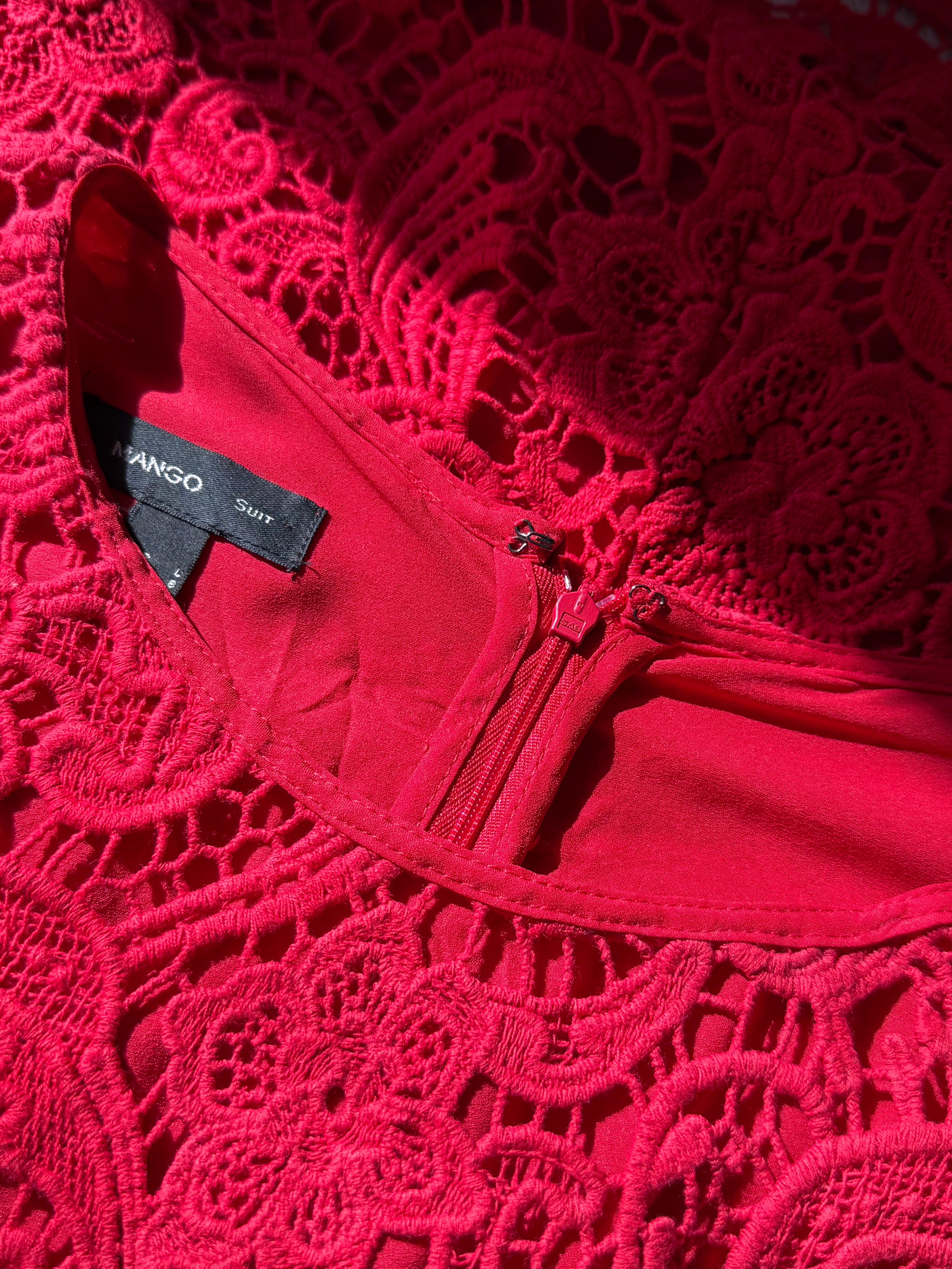 Striking Red Elegance: Pre-loved MANGO Lace Dress (Large)