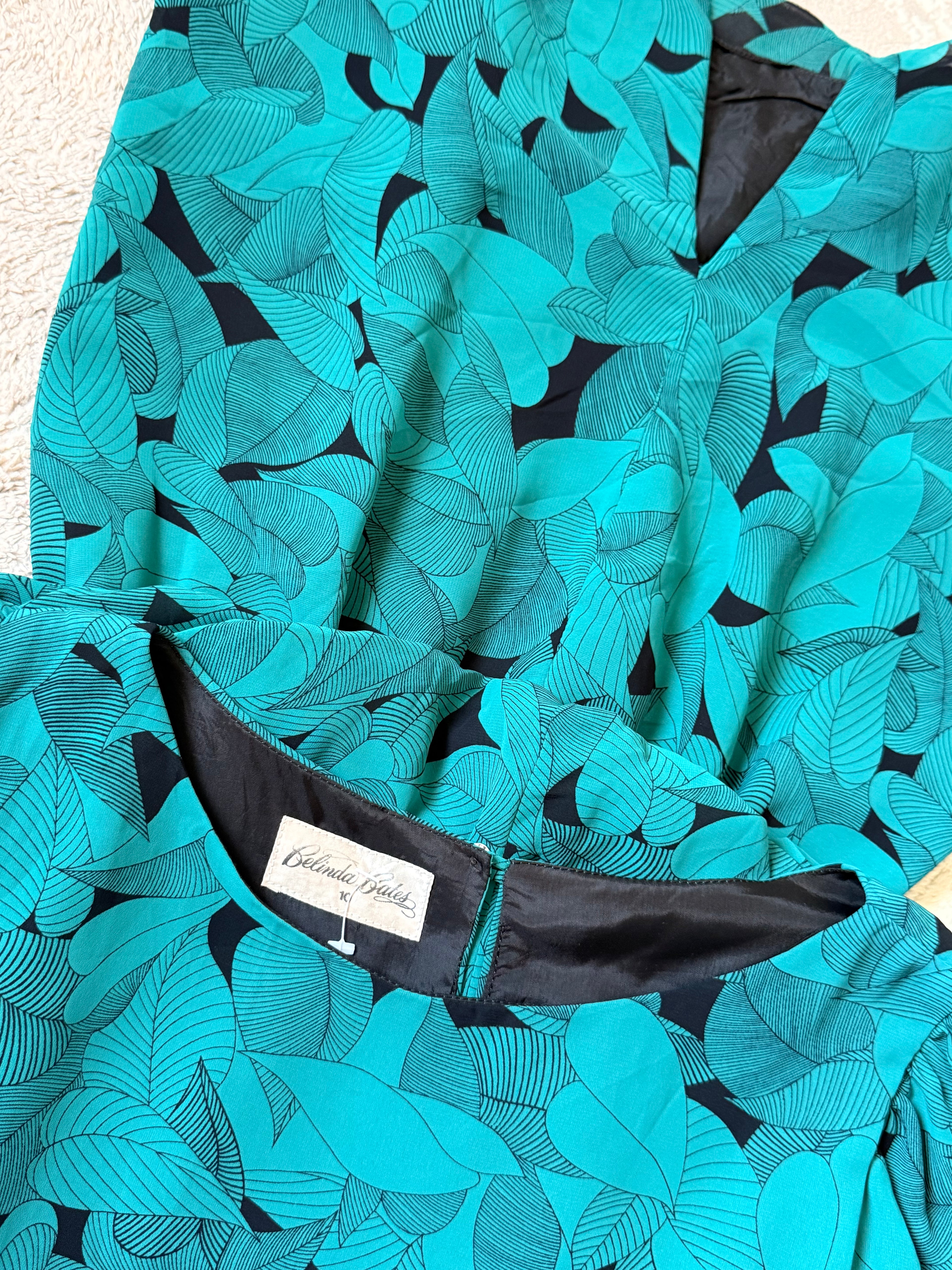 Belinda Bates Emerald Green Leaf Print Mini Dress - Puff Sleeve - Size UK 10