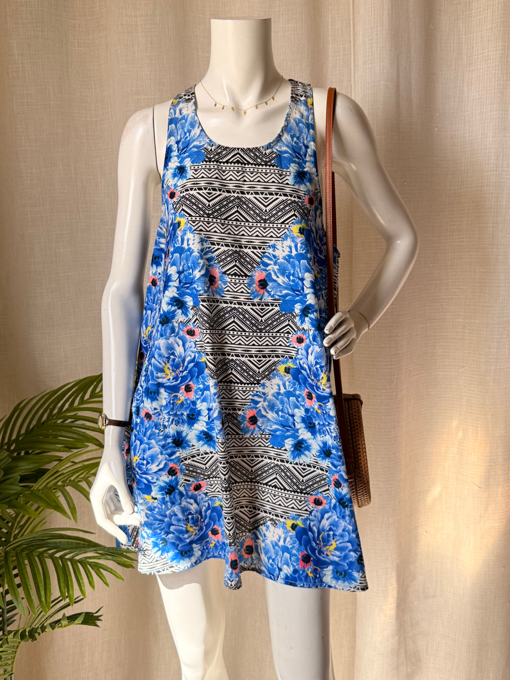 Faith in Love Geometric & Floral Mini Dress - Strappy Back - Size 10 - Blue Boho