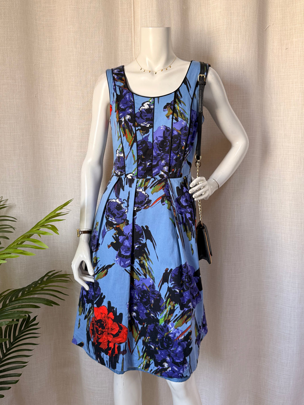 M&Co. Blue Floral Fit & Flare Dress - Size UK 10 - Artistic Print Midi with Tulle Underlay