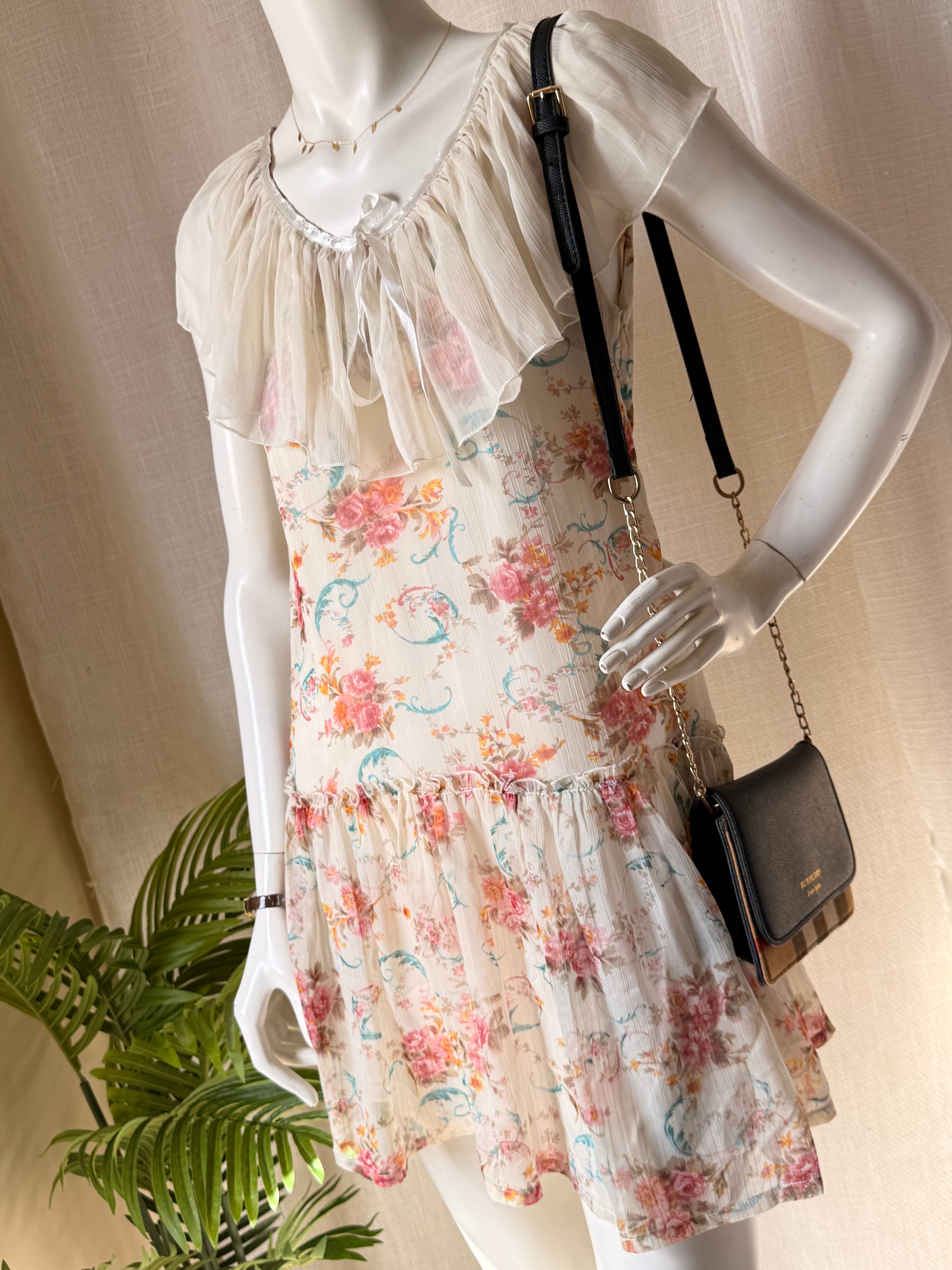 Vintage Floral Coquette Mini Dress - Sheer Ruffle Neckline & Drop Waist - Size Small