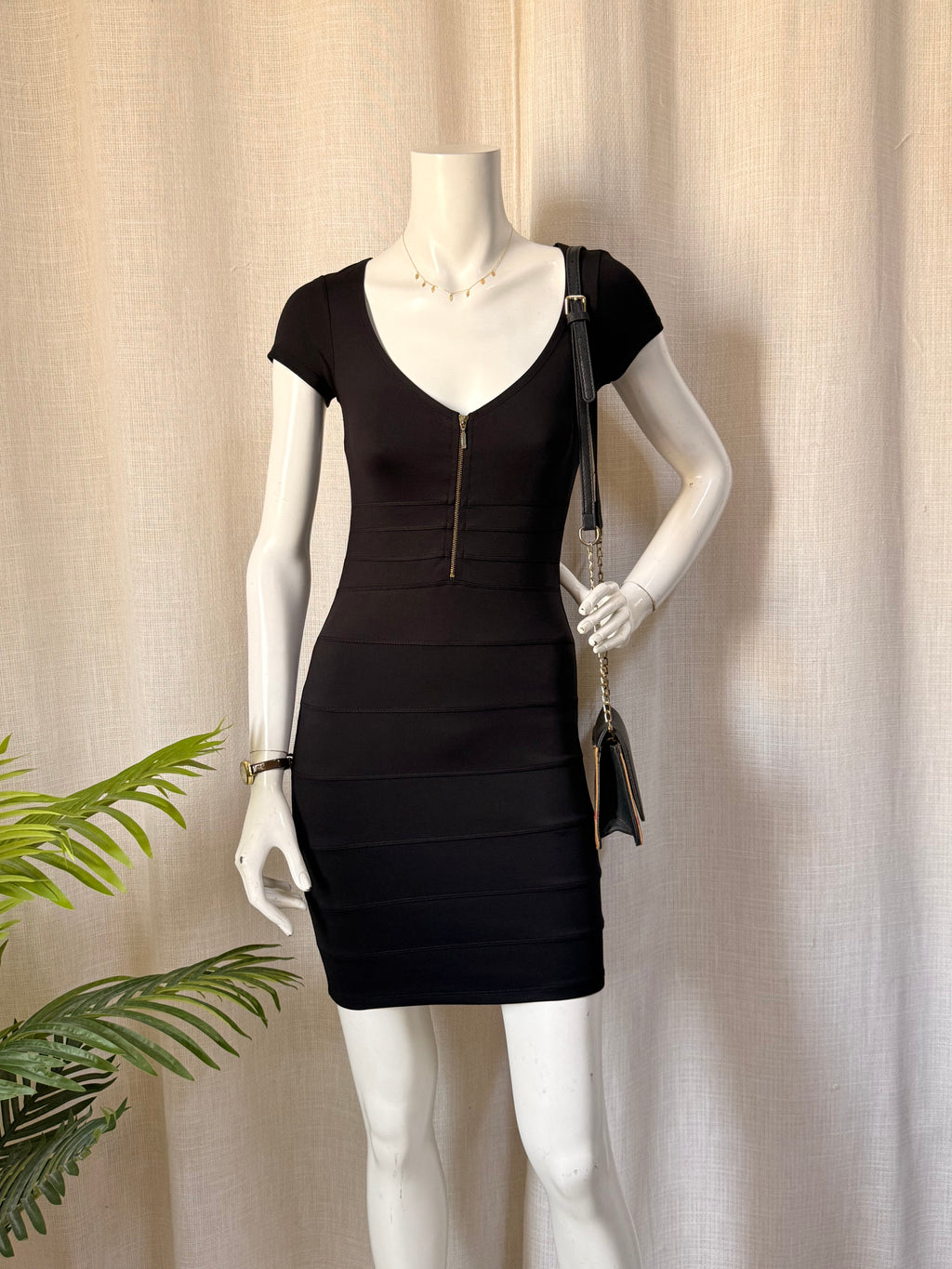 BERSHKA Collection Front-Zip Bandage Bodycon Dress - Classic Black (Size S)