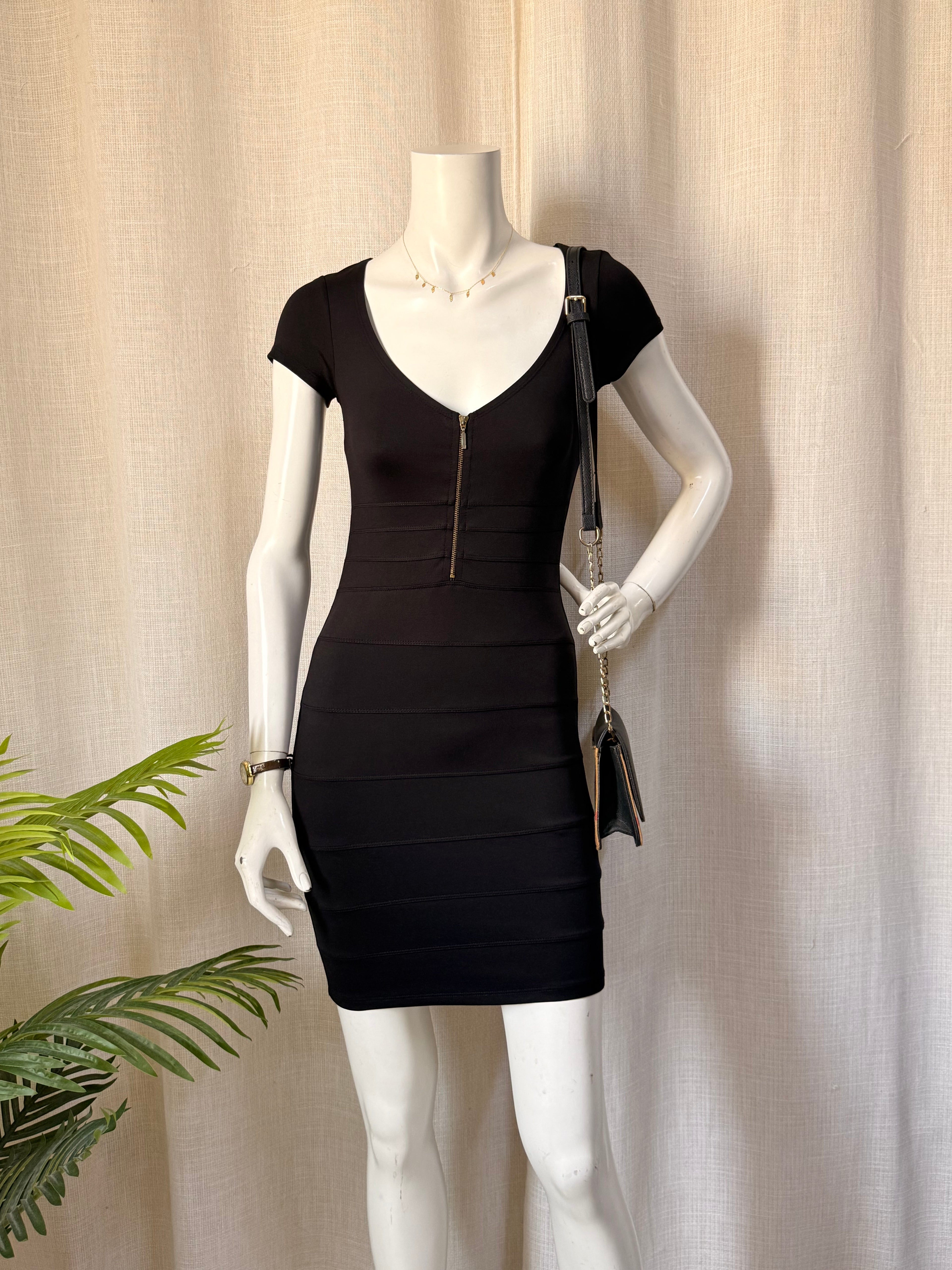 BERSHKA Collection Front-Zip Bandage Bodycon Dress - Classic Black (Size S)