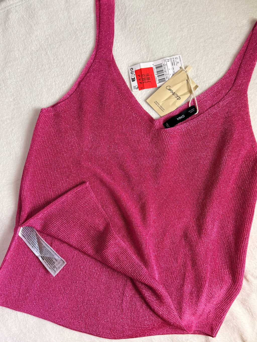 MANGO Committed Pink Metallic V-Neck Camisole - Size Large