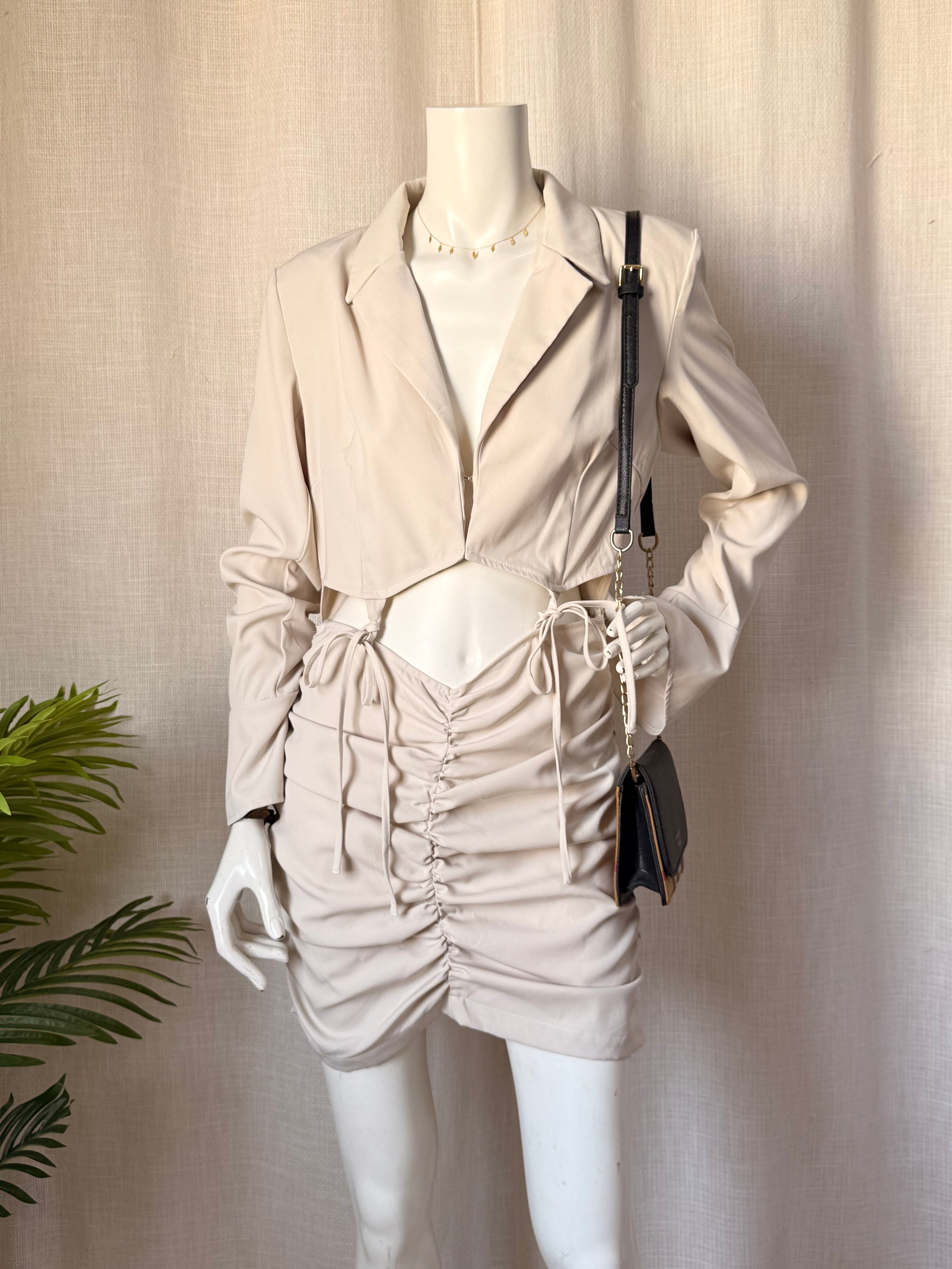 PrettyLittleThing Stone Cut-Out Blazer Style Ruched Mini Dress | UK 14