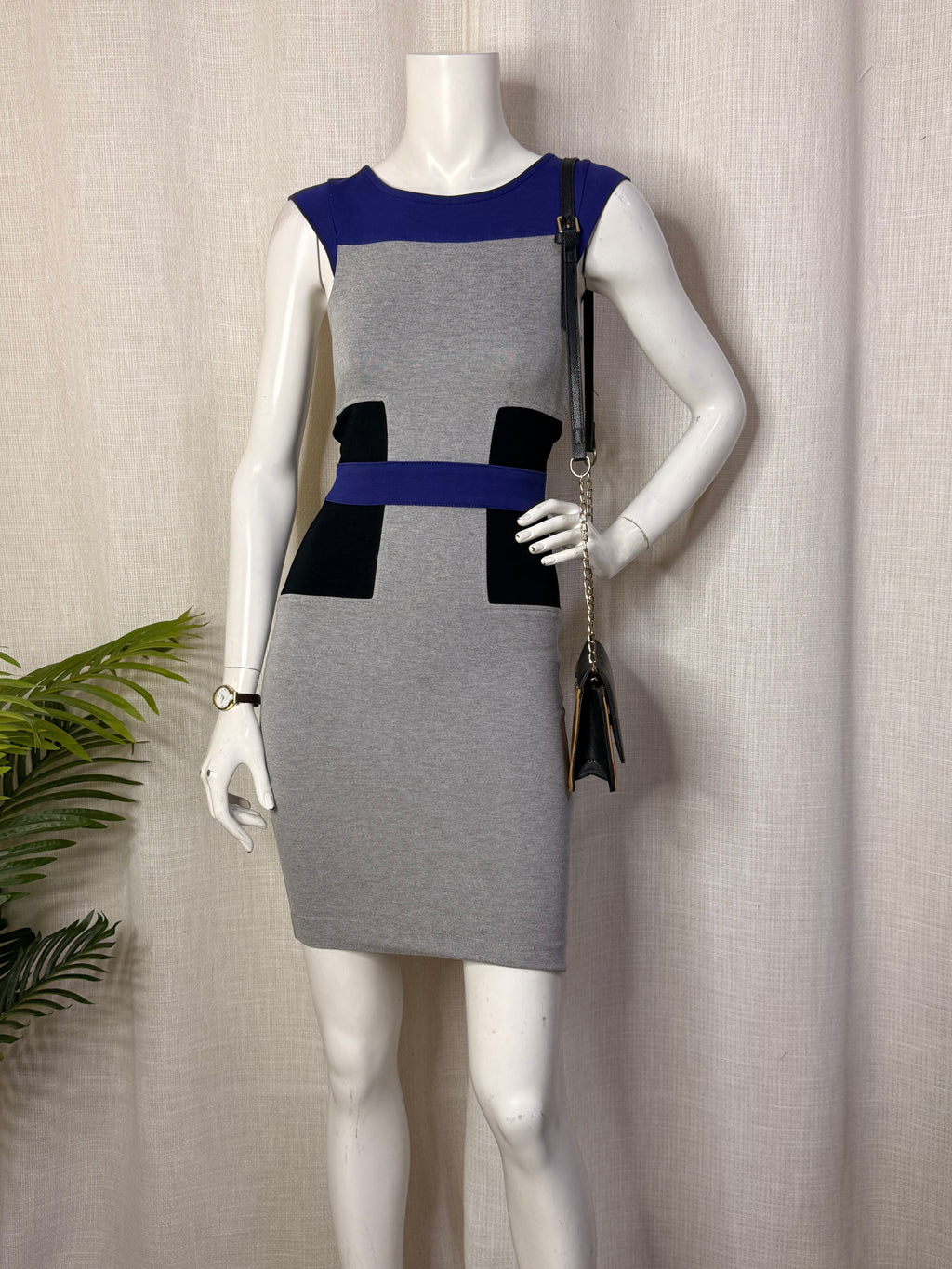 French Connection Grey, Blue & Black Color-Block Bodycon Dress - Size UK 8 / US 4 - Small