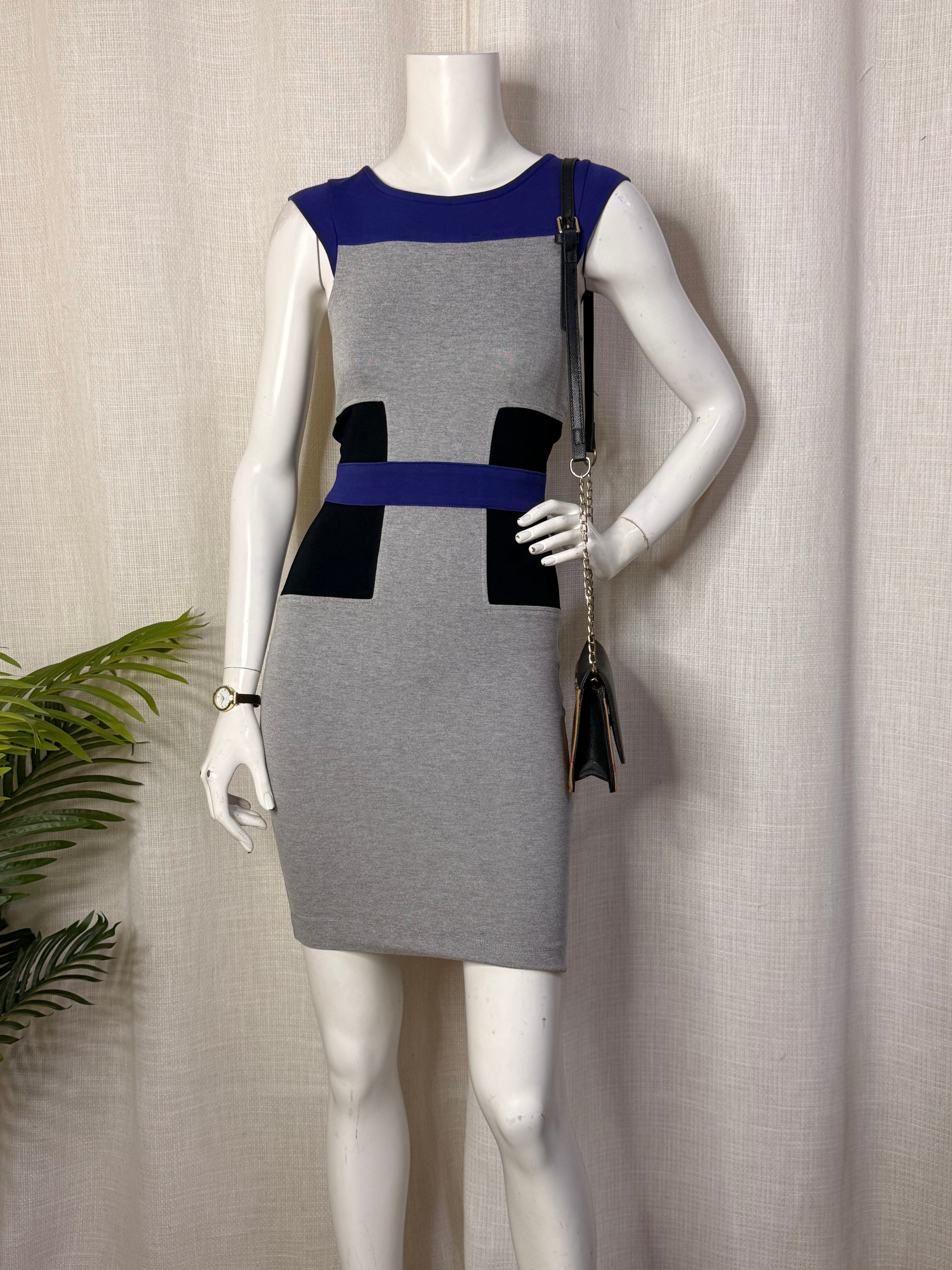French Connection Grey, Blue & Black Color-Block Bodycon Dress - Size UK 8 / US 4 - Small