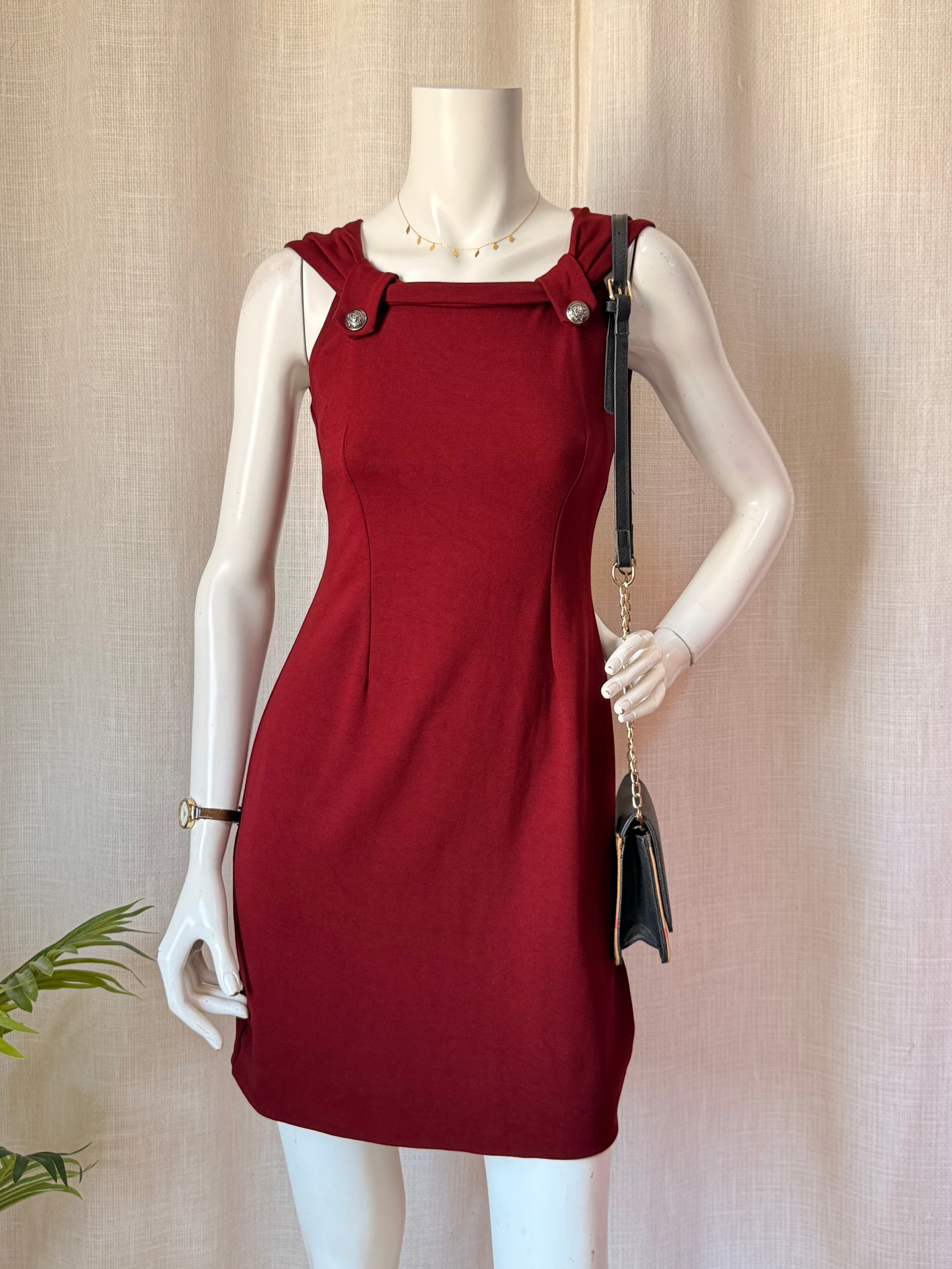 J&G Burgundy Red Square Neck Mini Dress with Engraved Buttons (Size S/M)