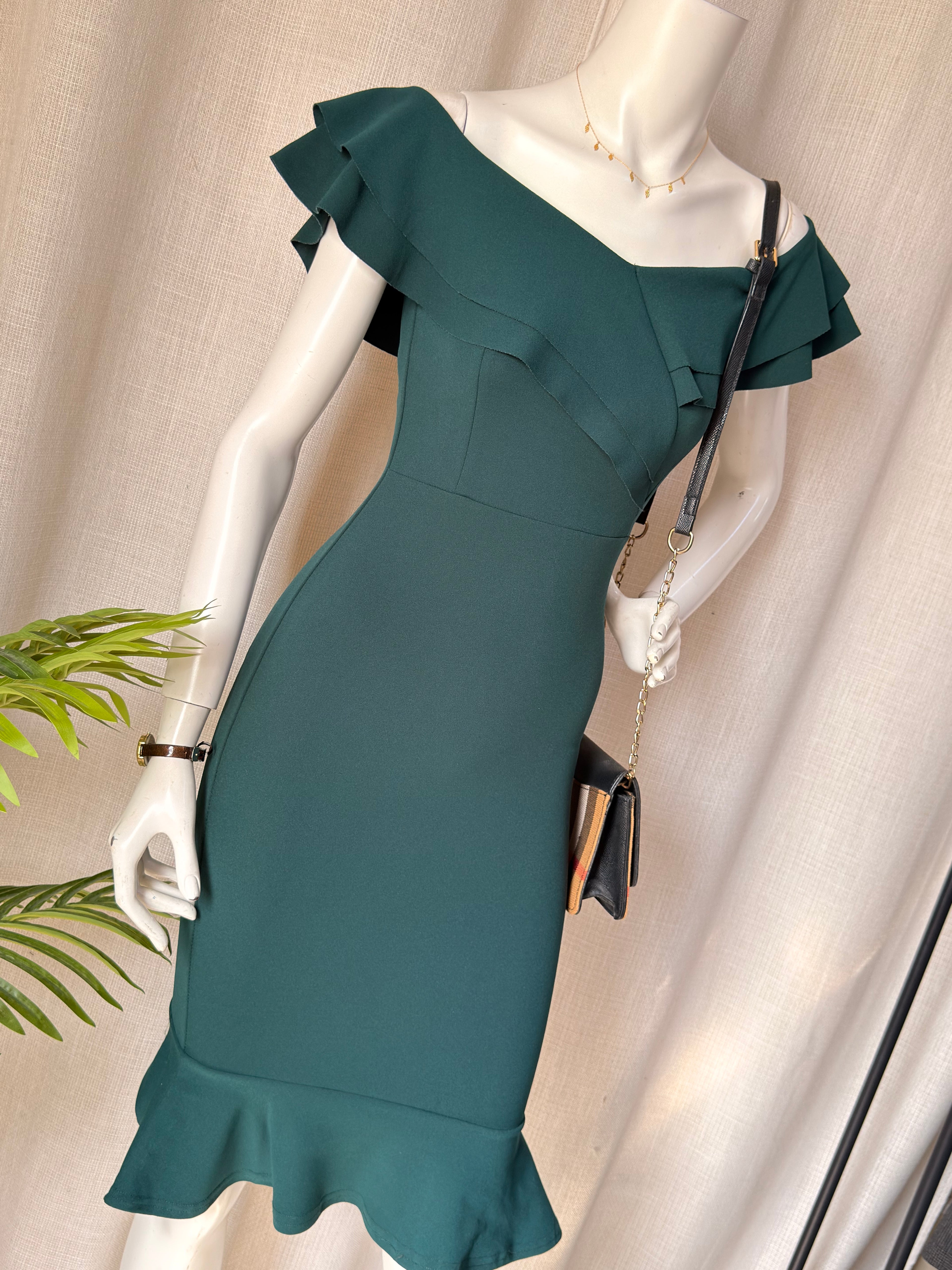 QUIZ Forest Green Off-Shoulder Frill Flute Hem Midi Dress – Size UK 6 / EU 34 | Elegant Cocktail & Party Dress
