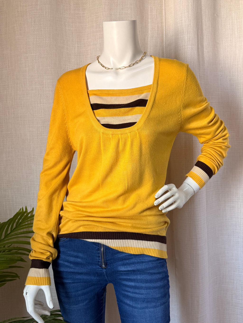 Mustard Yellow Layered-Look Striped Knit Sweater | Medium