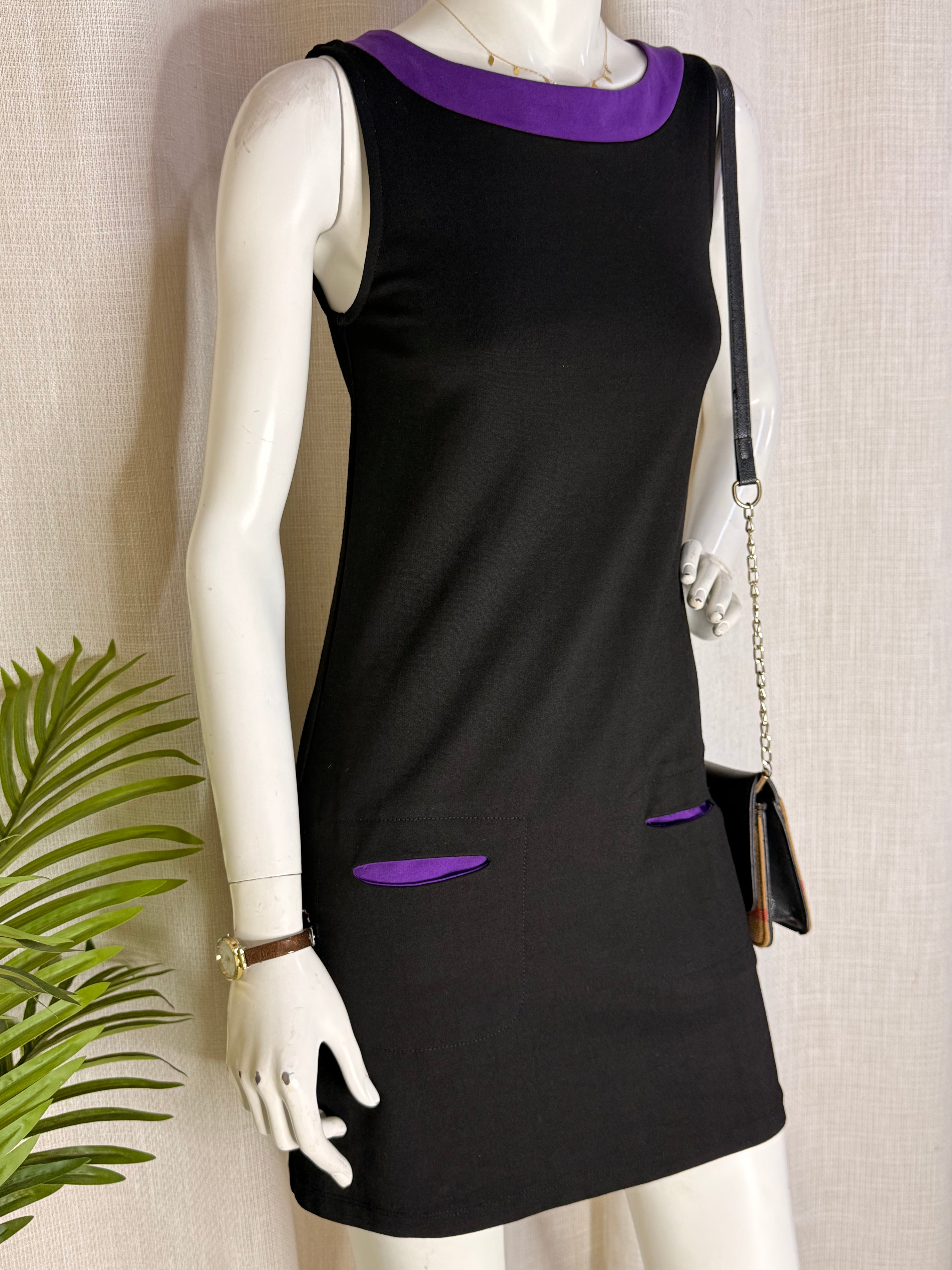PROMOD Retro Color-Block Trim Sleeveless Shift Dress - Black & Purple (Size S / M)