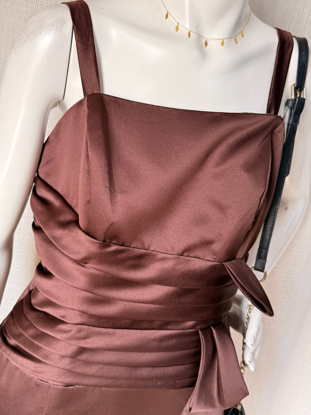 BARI JAY Chocolate Brown Satin Ruched Bow Cocktail Dress – Size US 14 | Elegant Evening & Formal Dress