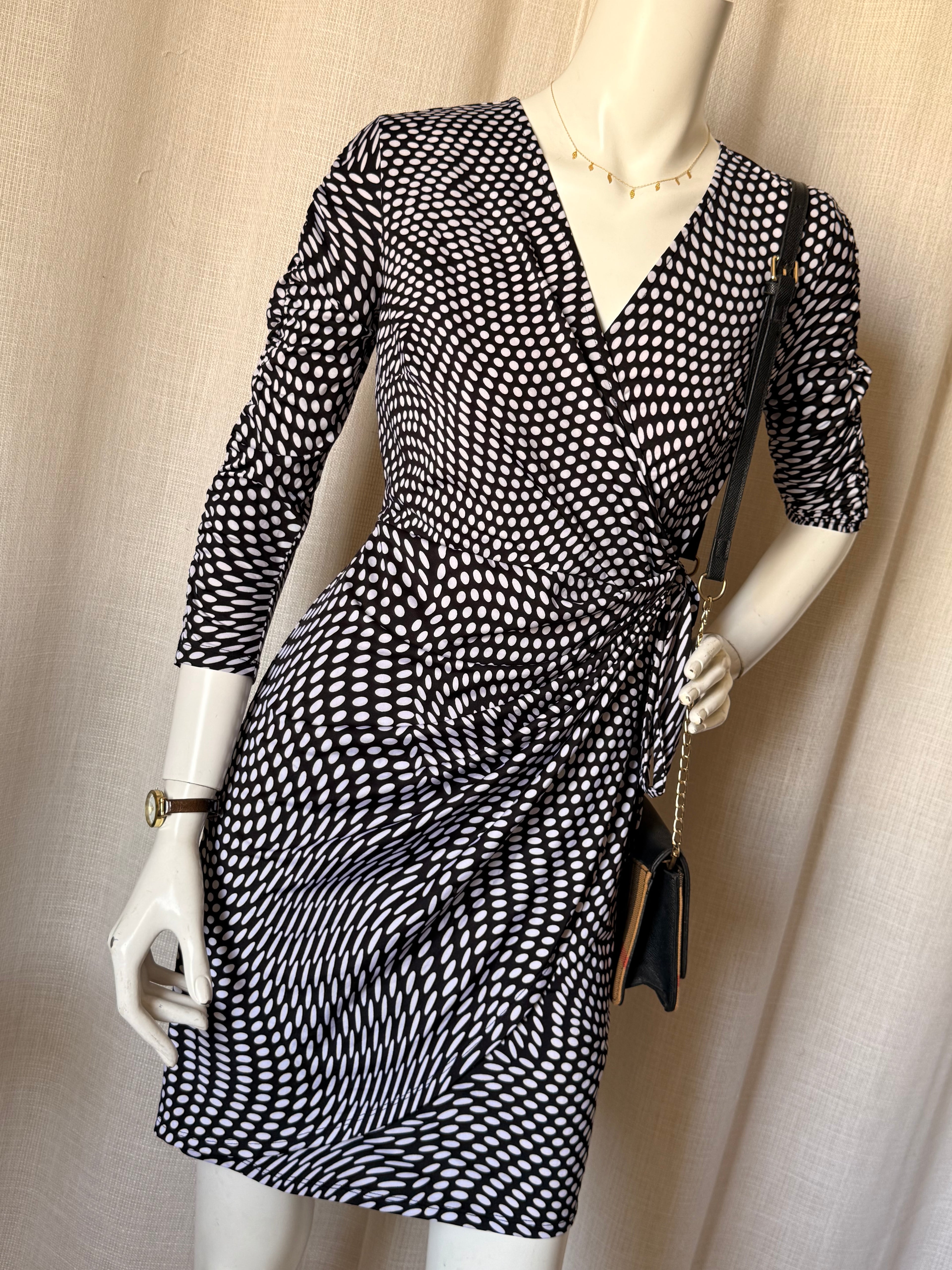 INC International Concepts Petite Black & White Dot Wrap Dress - Ruched - Size PS