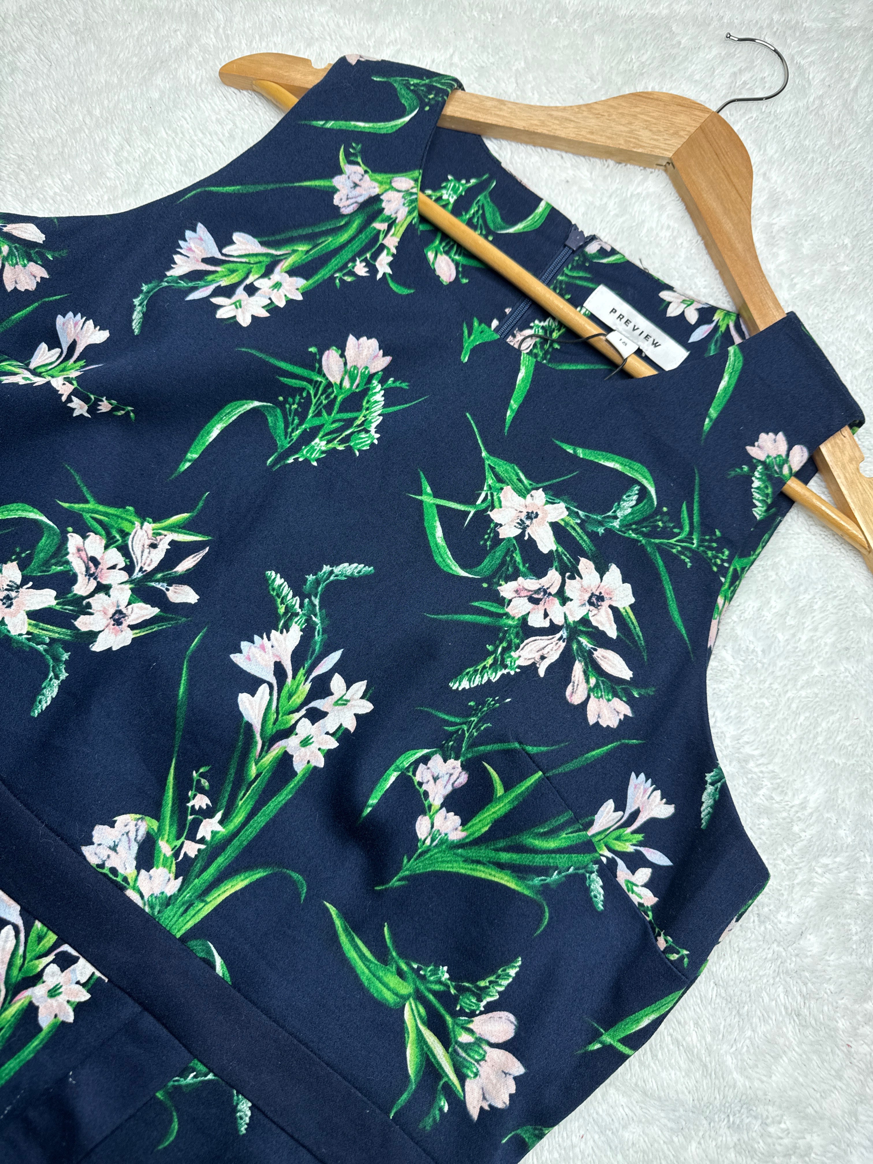 Chic Navy Floral Sleeveless Dress with Belt