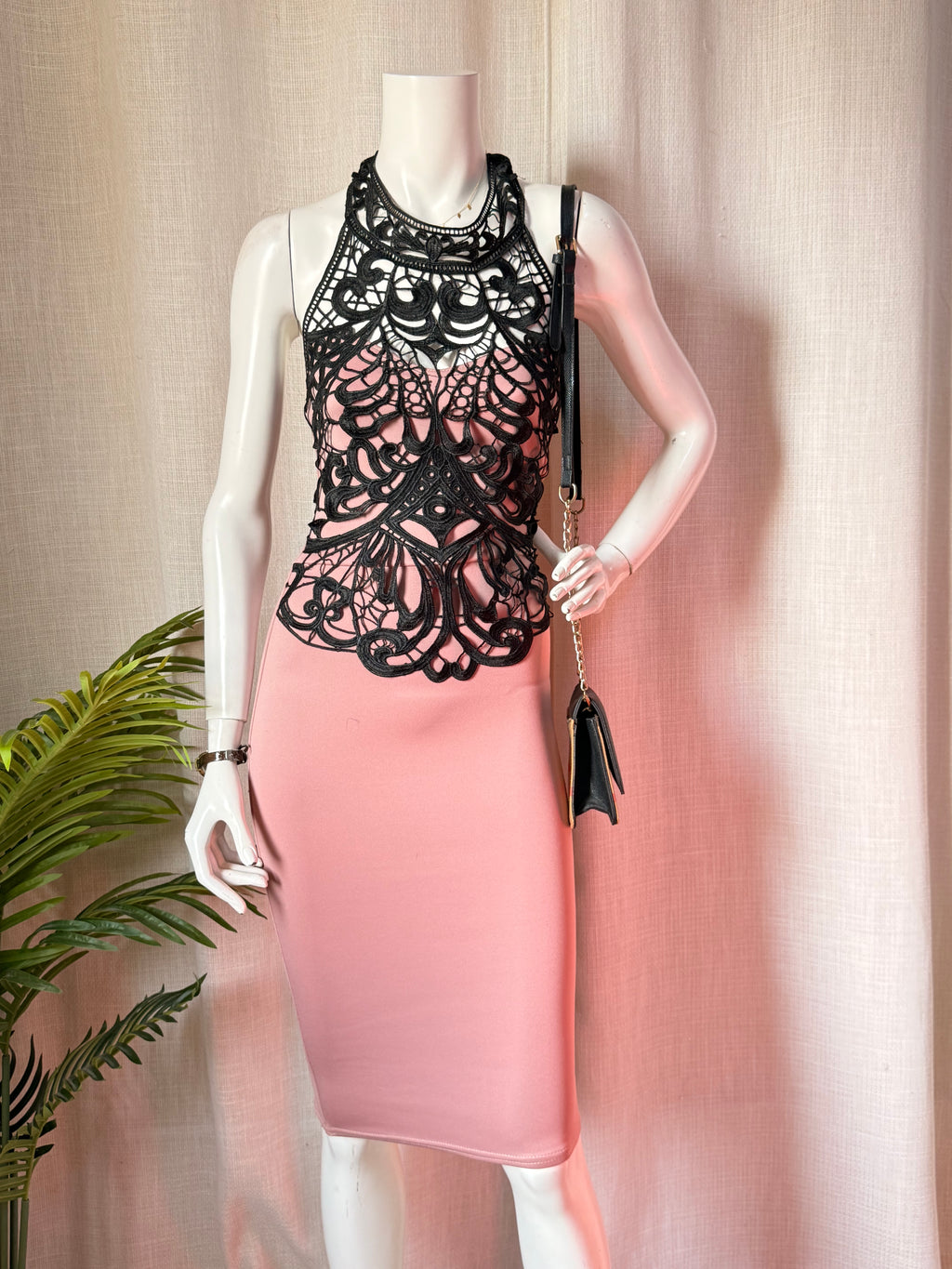 Pink Boutique Blush Pink & Black Crochet Lace Midi Dress | Elegant Cocktail & Evening Dress