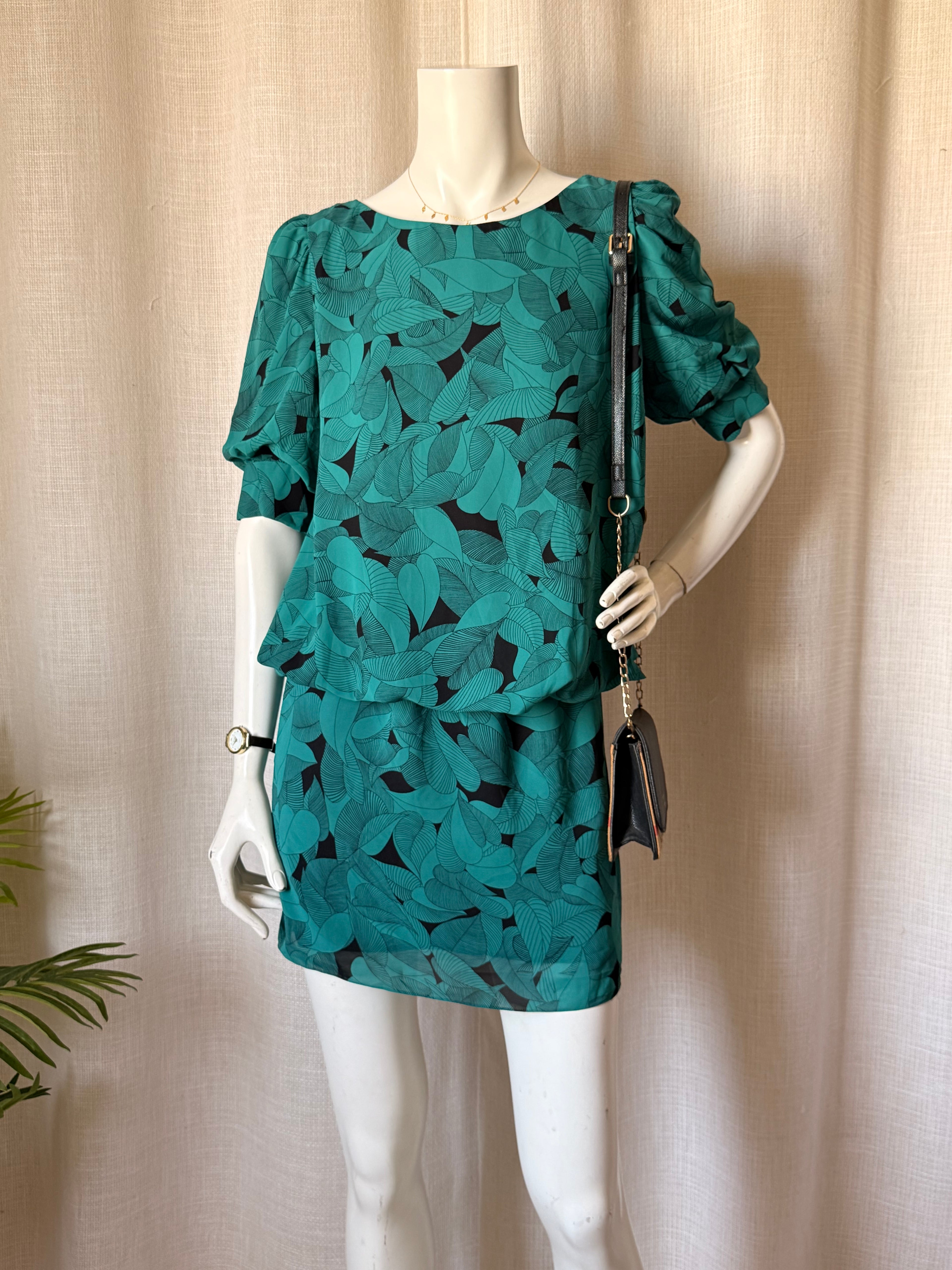 Belinda Bates Emerald Green Leaf Print Mini Dress - Puff Sleeve - Size UK 10