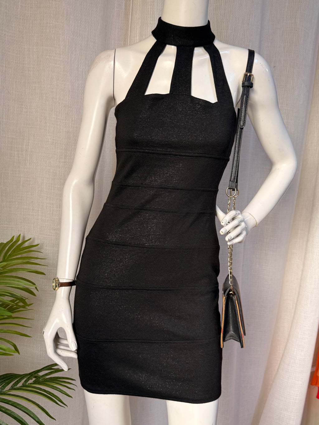 River Island Black Shimmer Halter Neck Bandage Mini Dress | UK 8