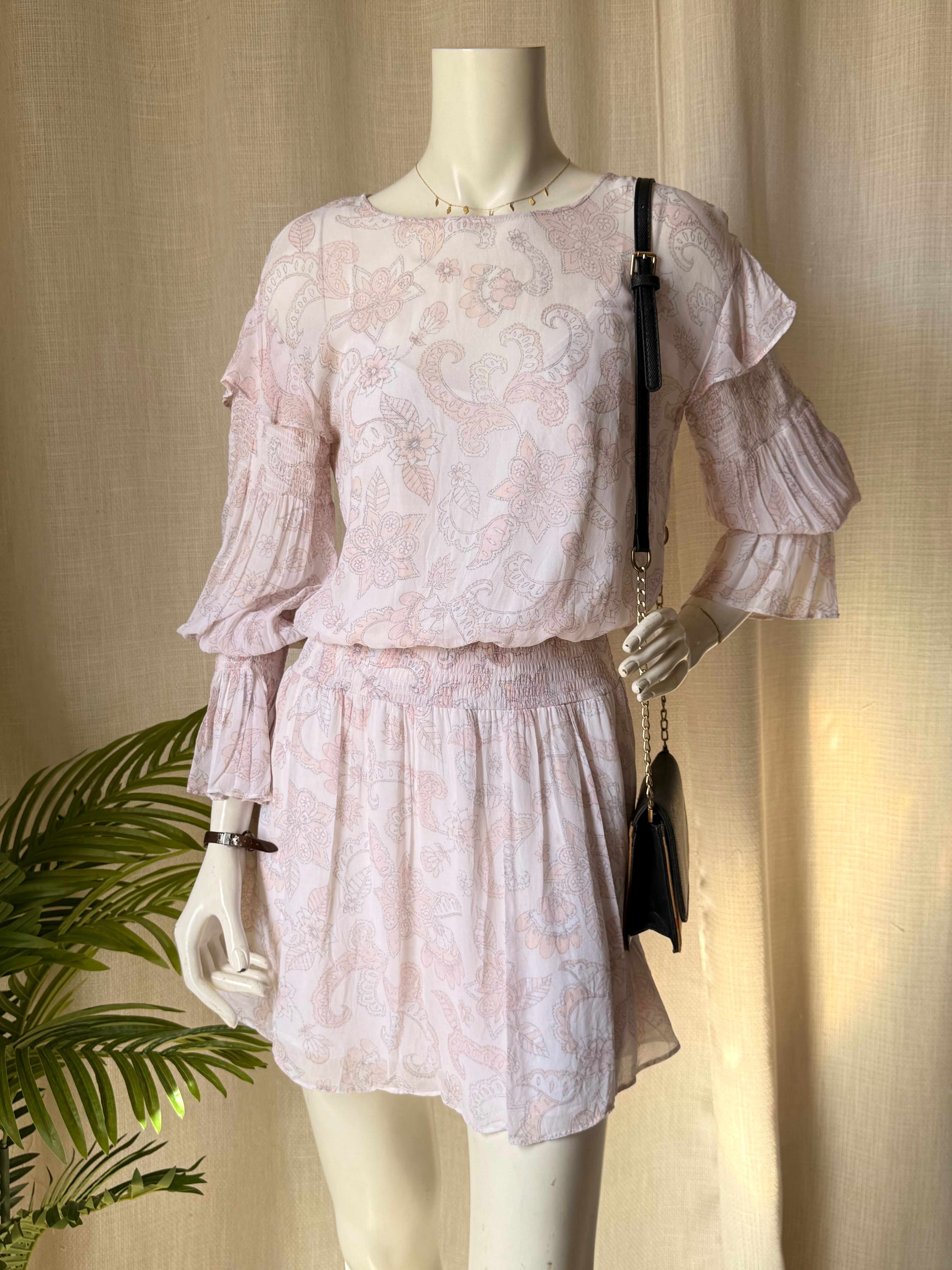 Seed Heritage Paisley Smocked Mini Dress | Pink Boho Ruffle Sleeve - Size 10