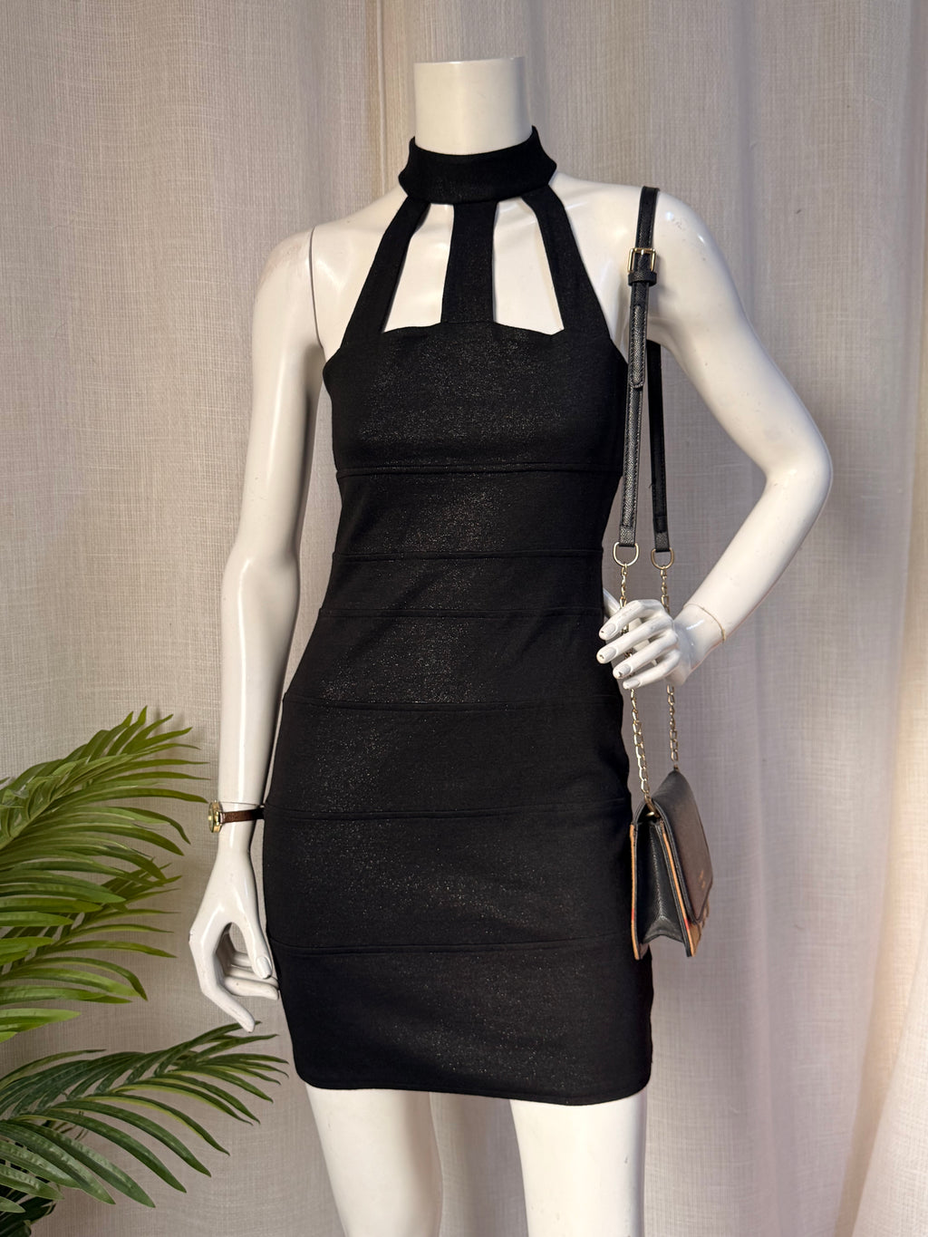 River Island Black Shimmer Halter Neck Bandage Mini Dress | UK 8