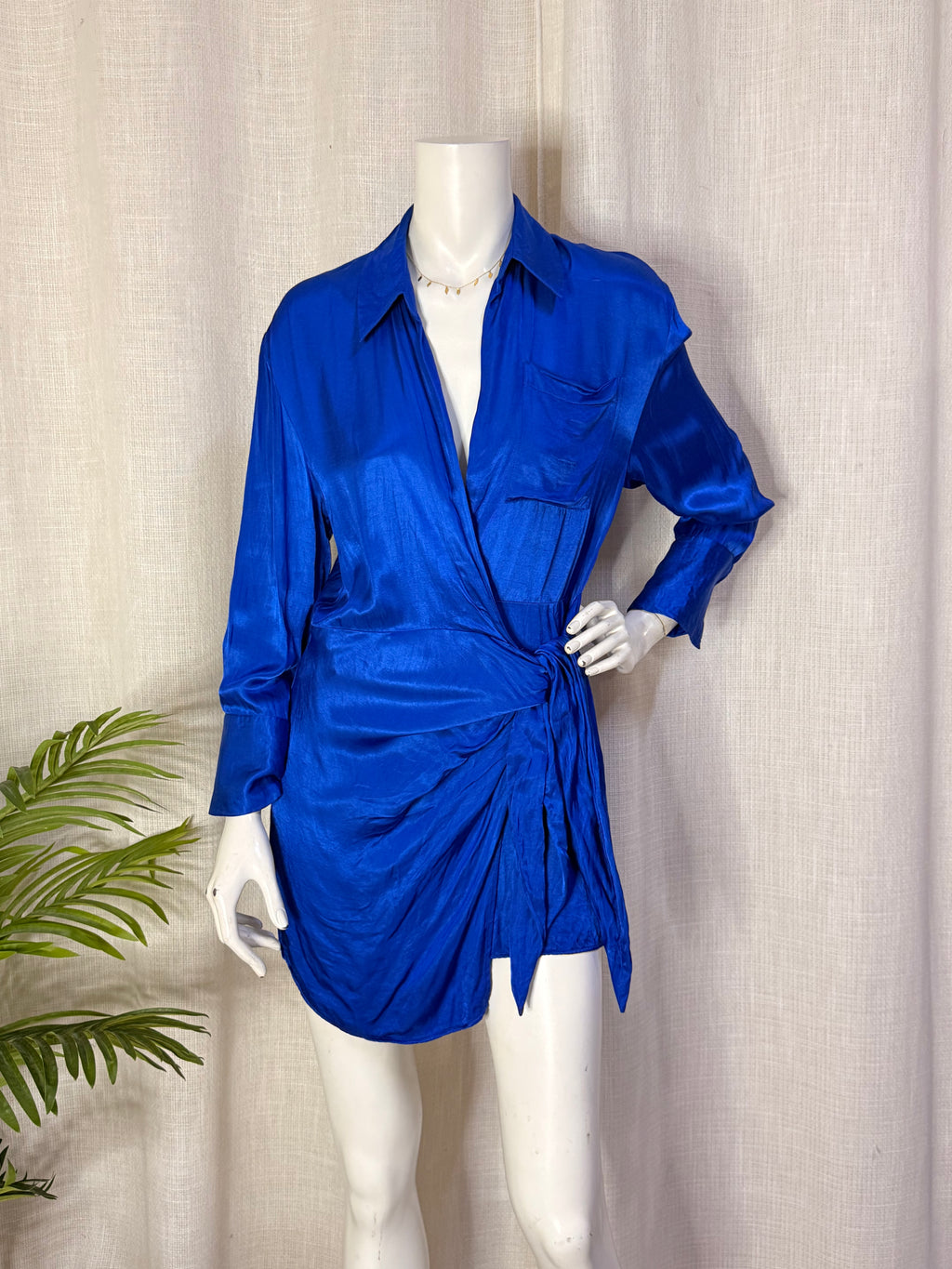 Zara Cobalt Blue Satin Shirt Wrap Mini Dress - Size M