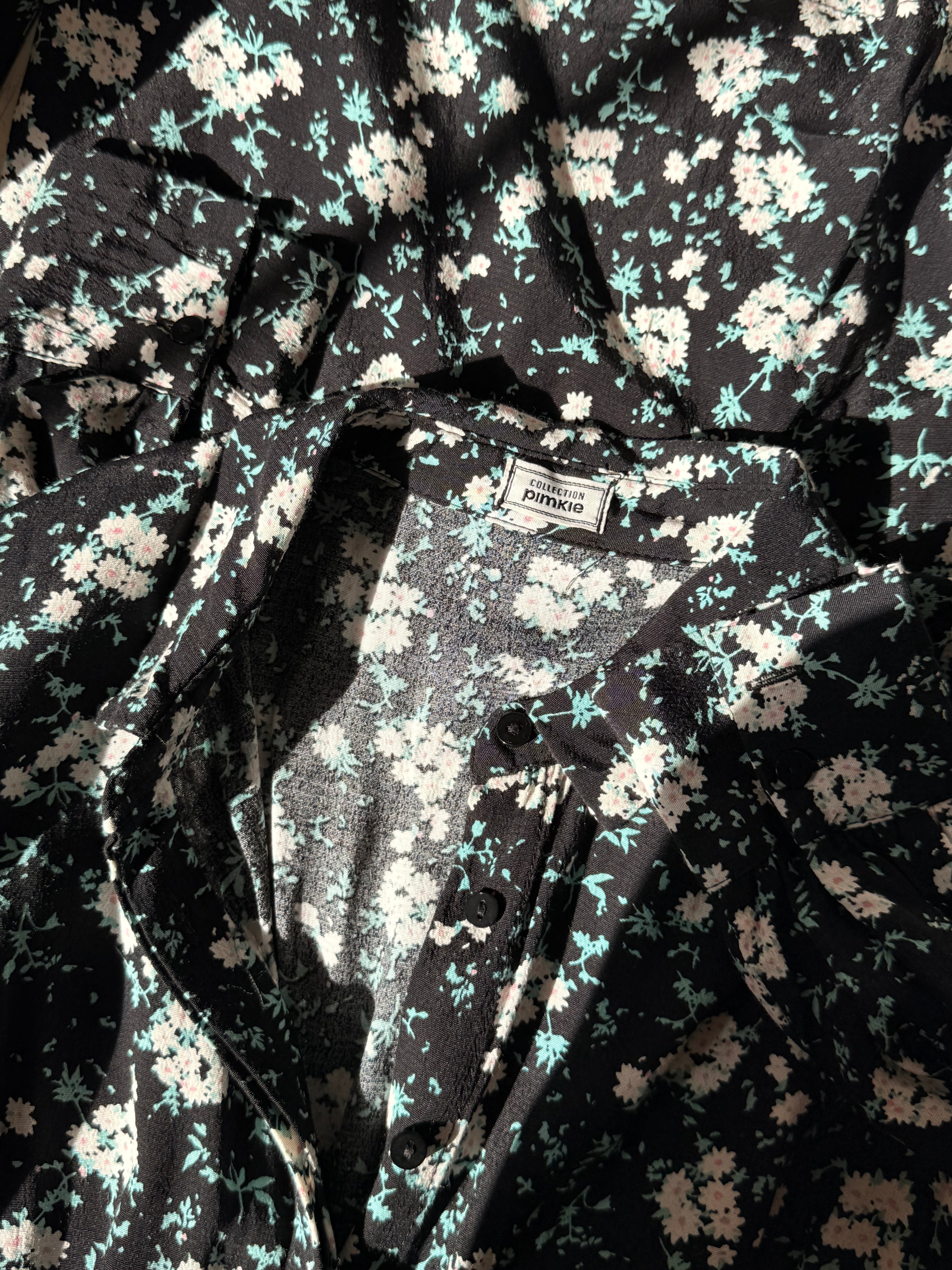 Pimkie Floral Shirt Dress - Black & Teal A-Line Button-Down - Size Medium