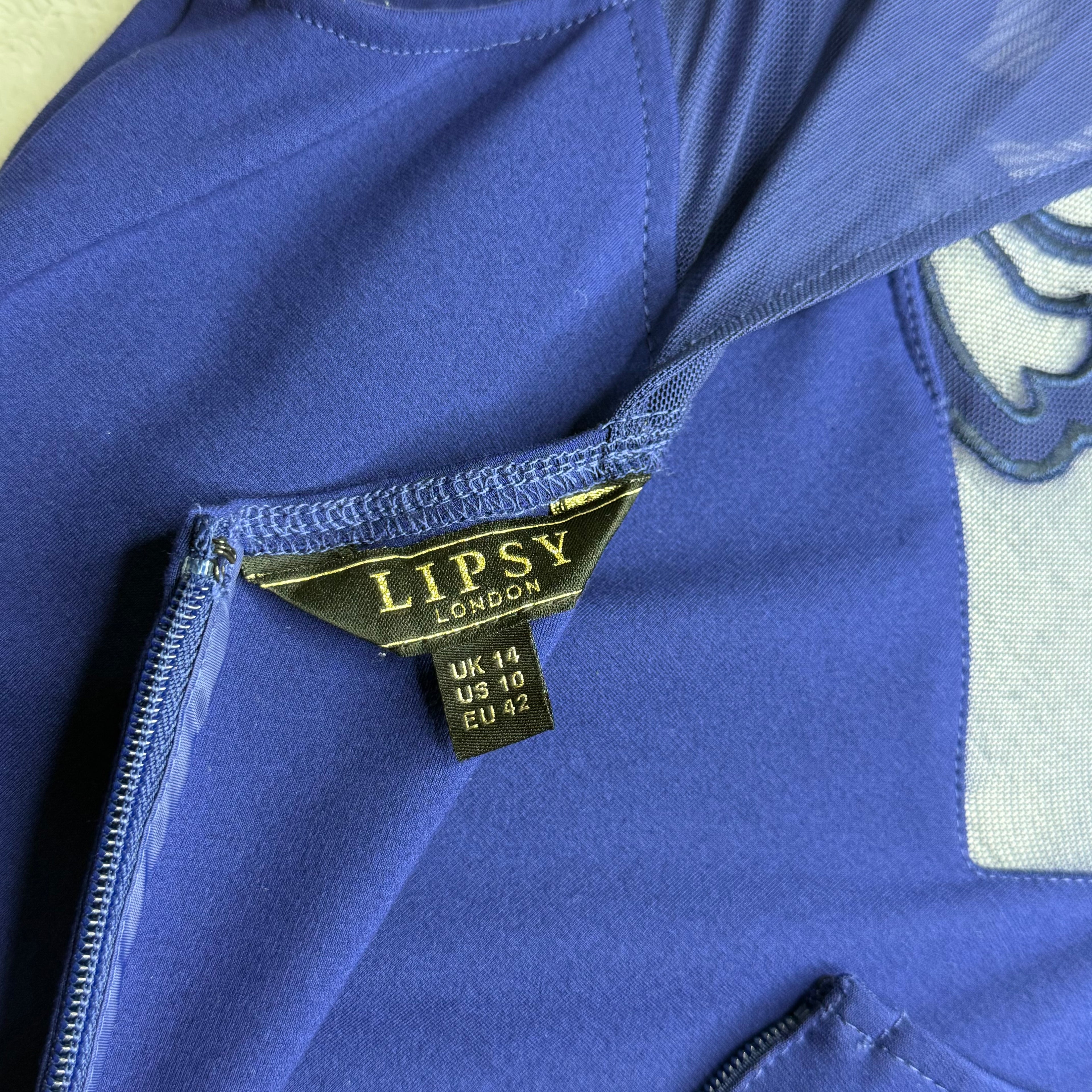 Close-up of a blue garment with a Lipsy London label.