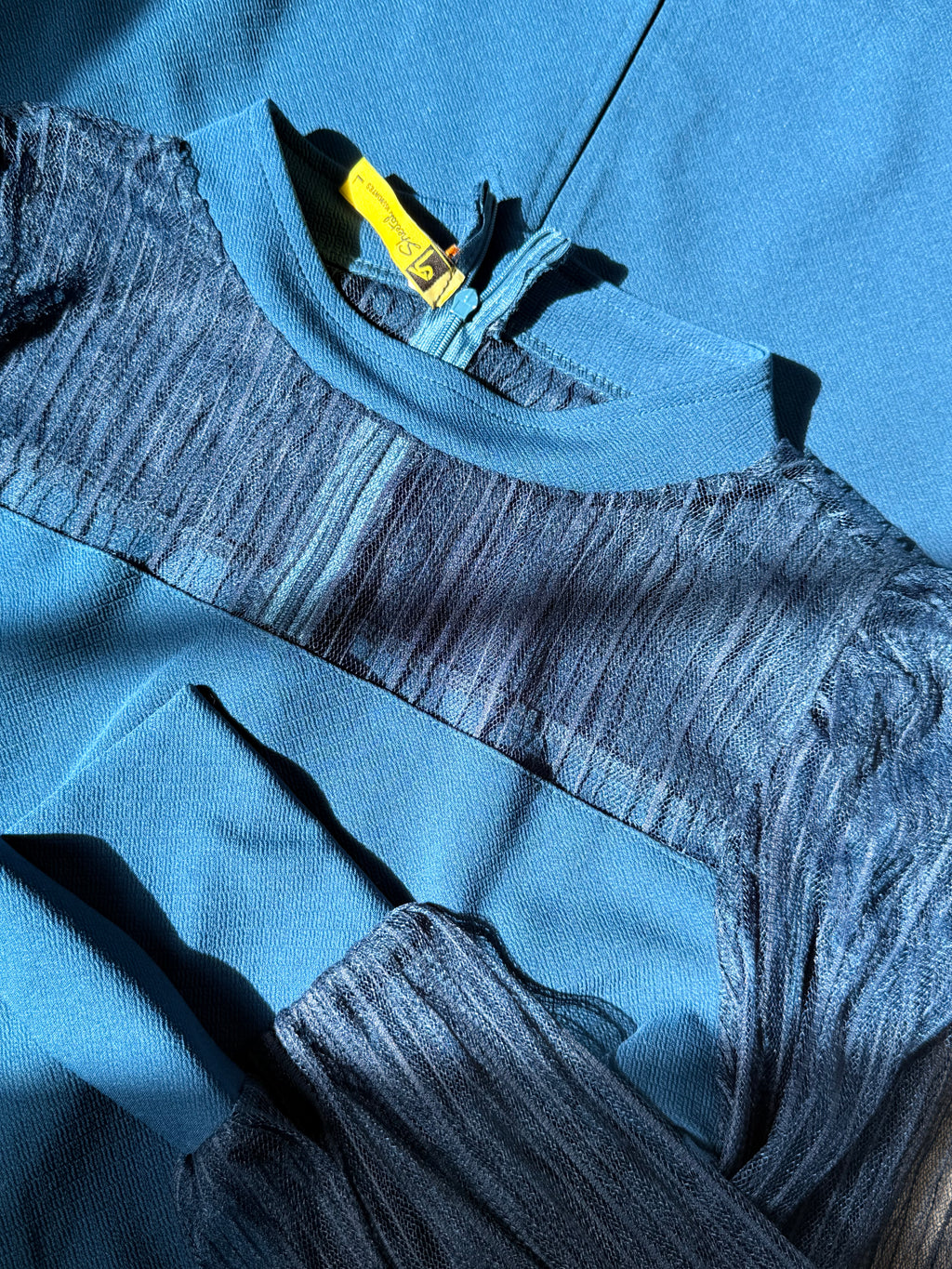 Vintage Teal Crepe Midi Dress with Sheer Mesh Balloon Sleeves — Size L