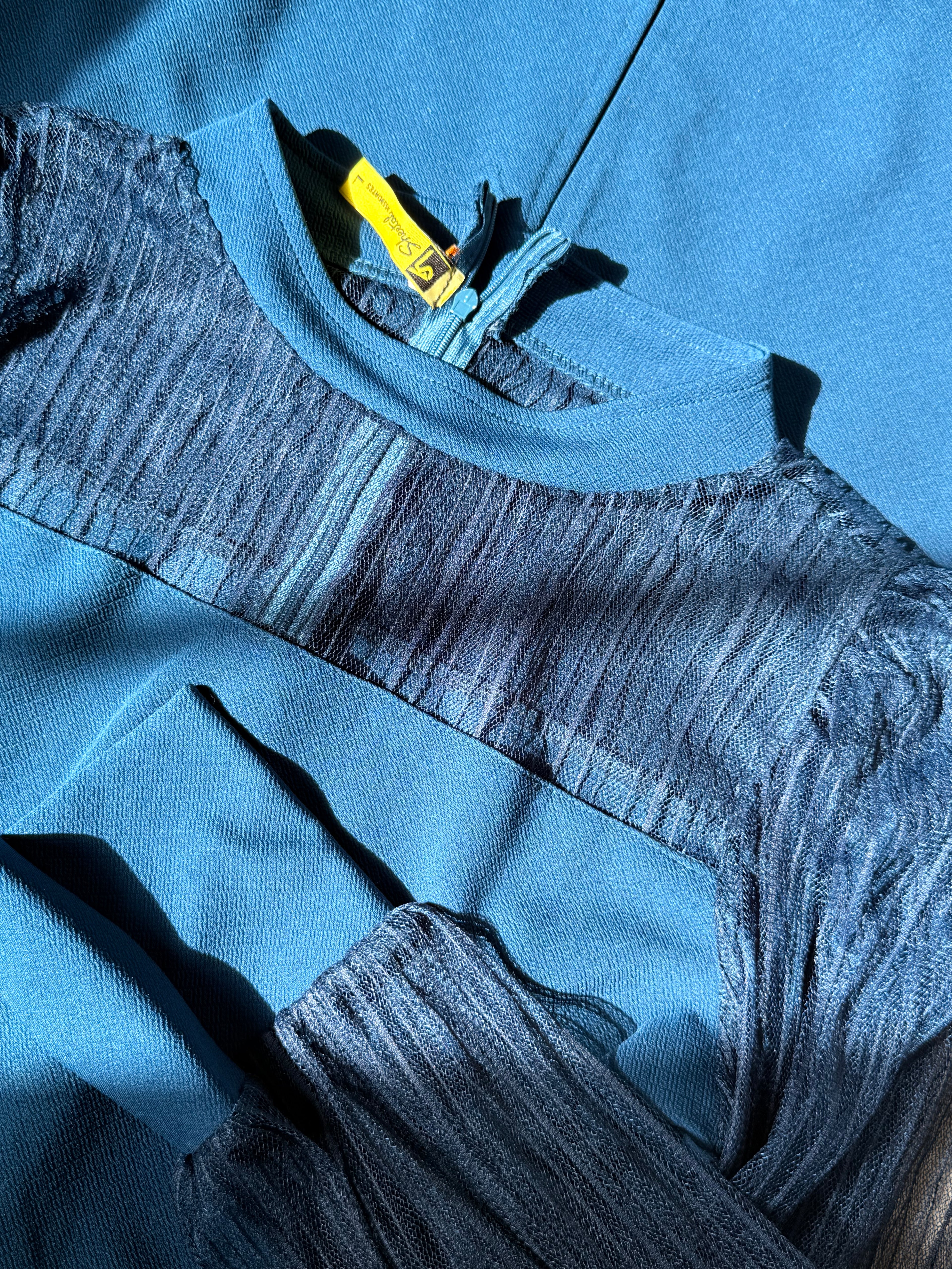Vintage Teal Crepe Midi Dress with Sheer Mesh Balloon Sleeves — Size L