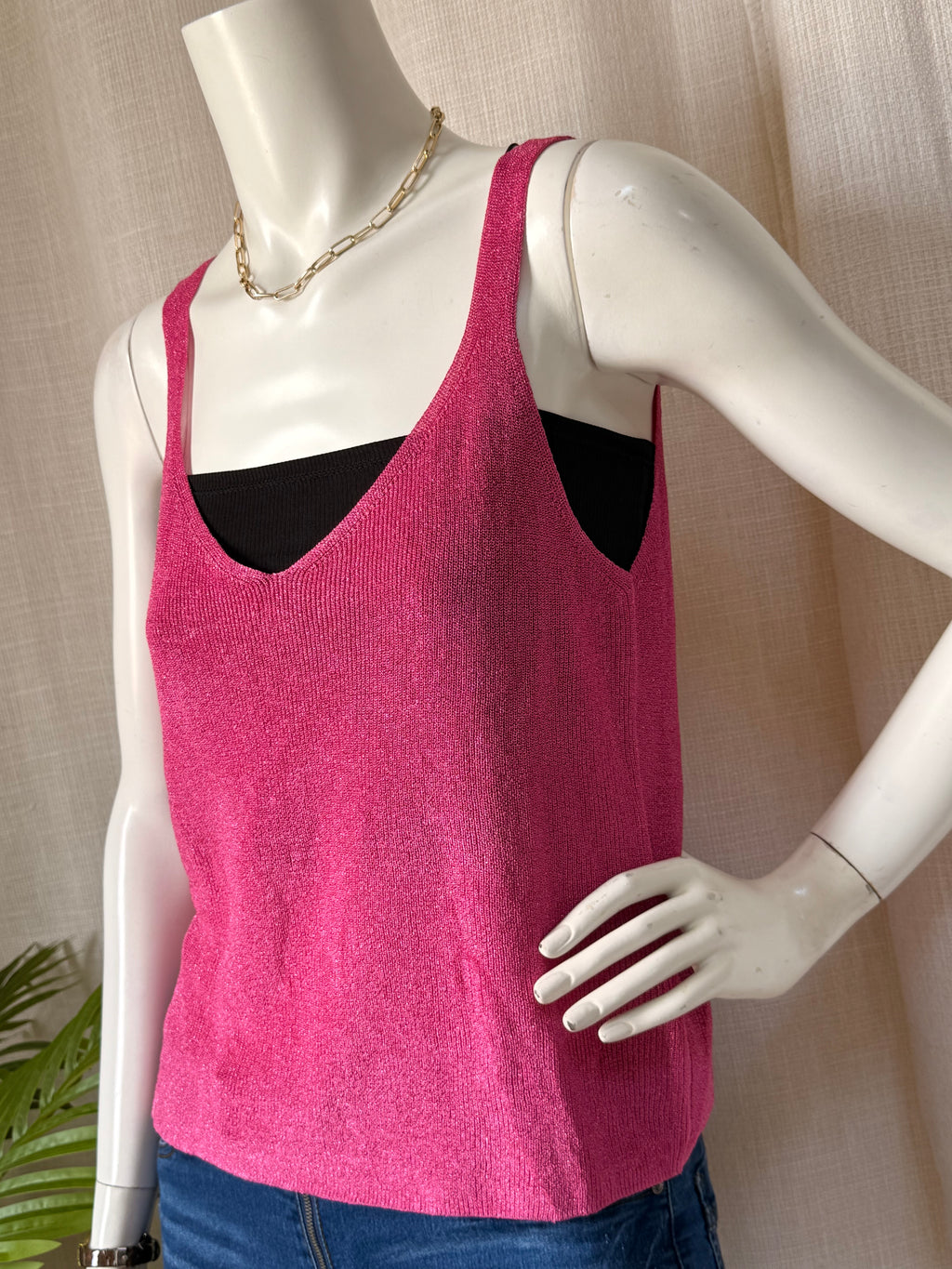 MANGO Committed Pink Metallic V-Neck Camisole - Size Large
