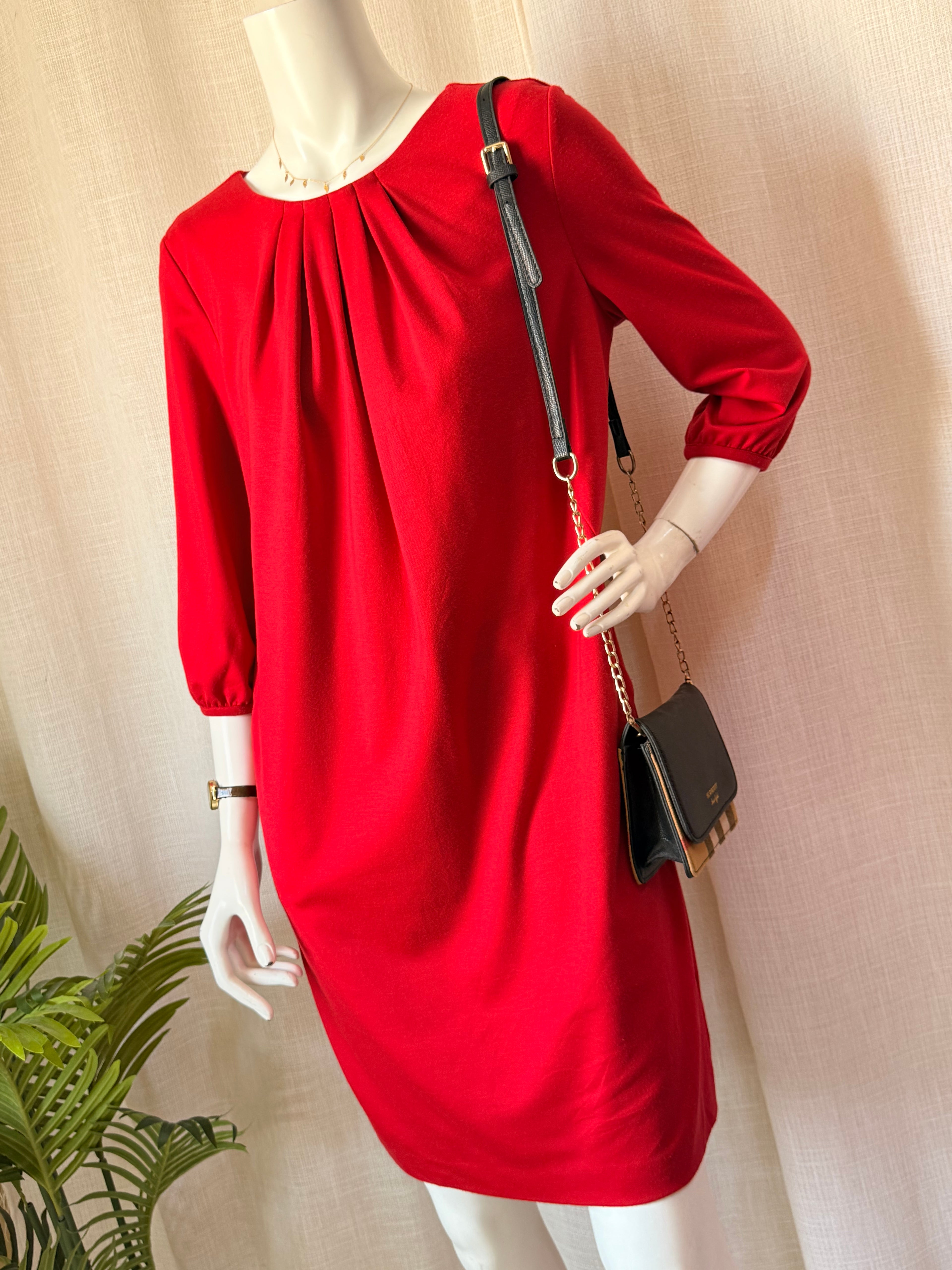 Alex & Co. Pleated Round Neck 3/4 Sleeve Shift Dress in Vibrant Red